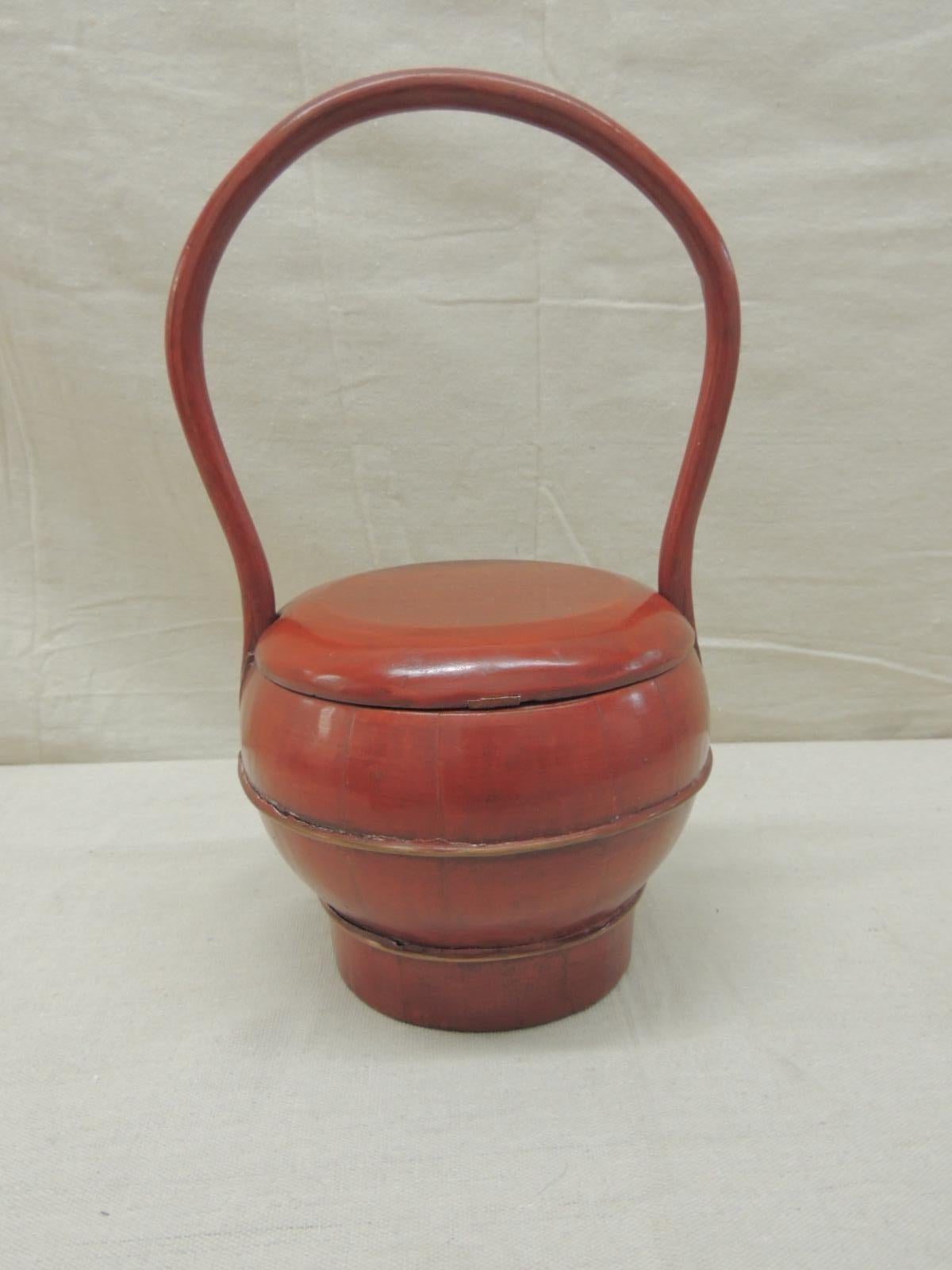 Chinese Export Red Lacquered Asian Basket with Lid