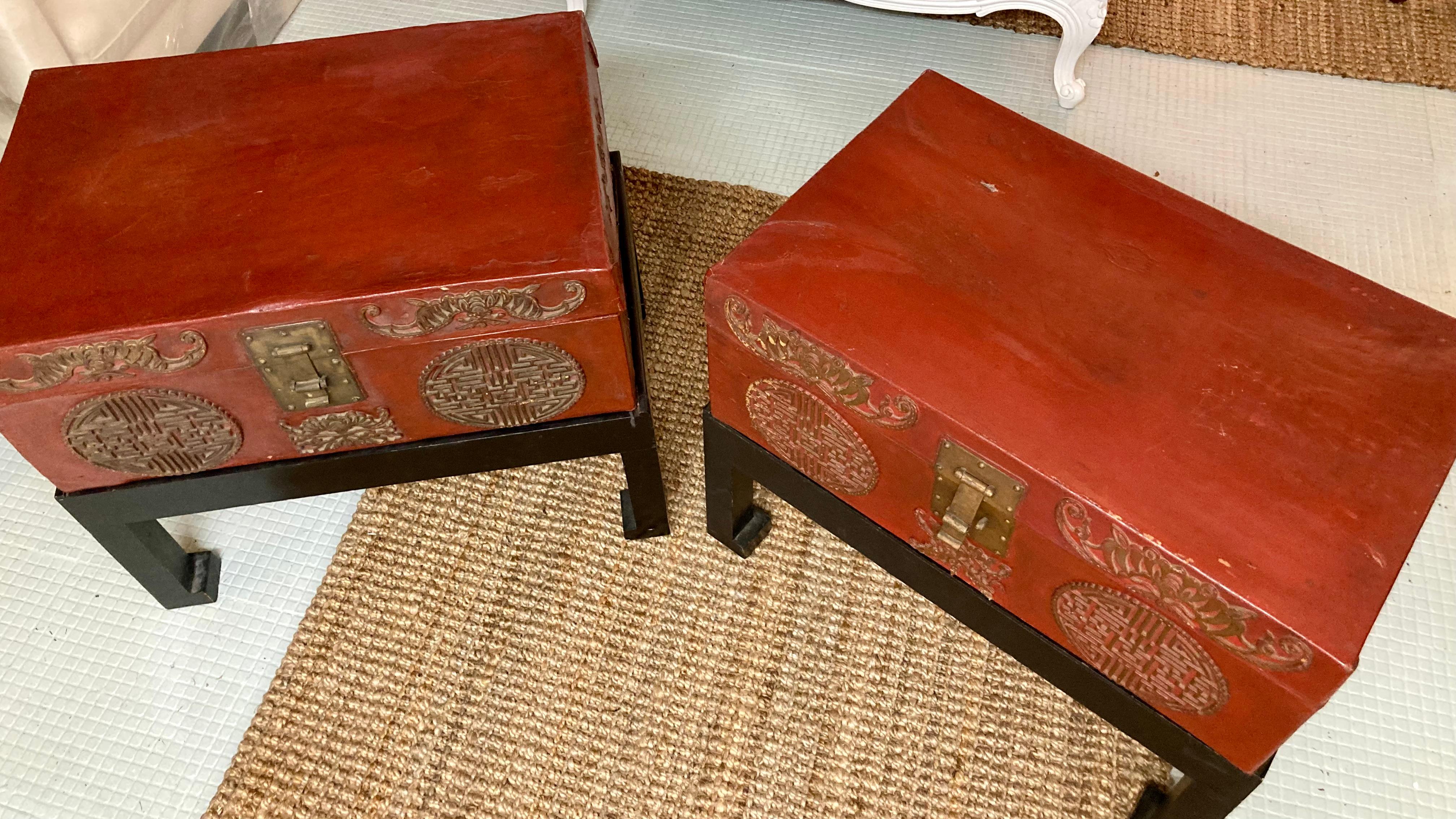 Other Red Lacquered Asian Trunk Side Tables on Black Stands, a Pair For Sale