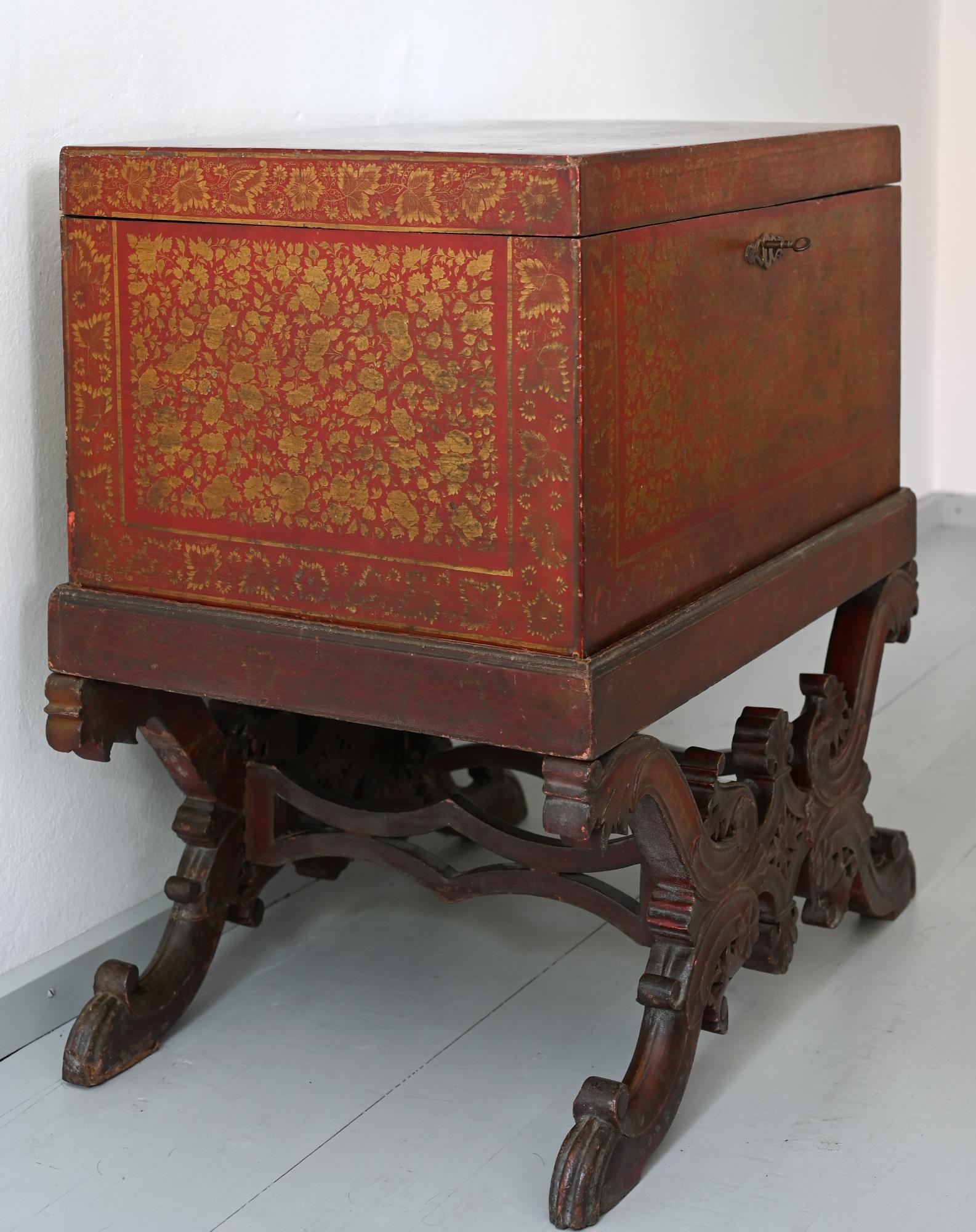 British Colonial Red Lacquered Chest on Stand 19th Century, British India, 1860 For Sale