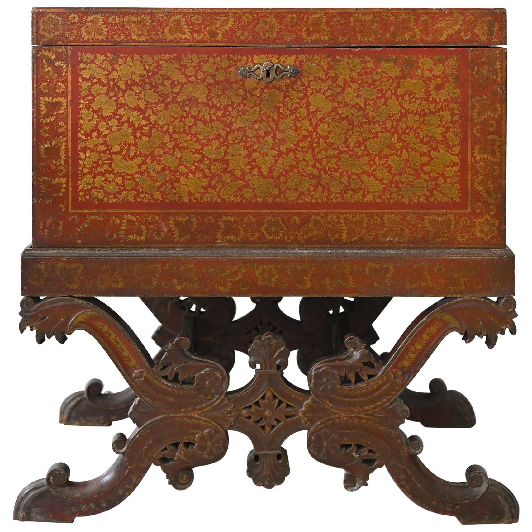 Red Lacquered Chest on Stand 19th Century, British India, 1860 For Sale