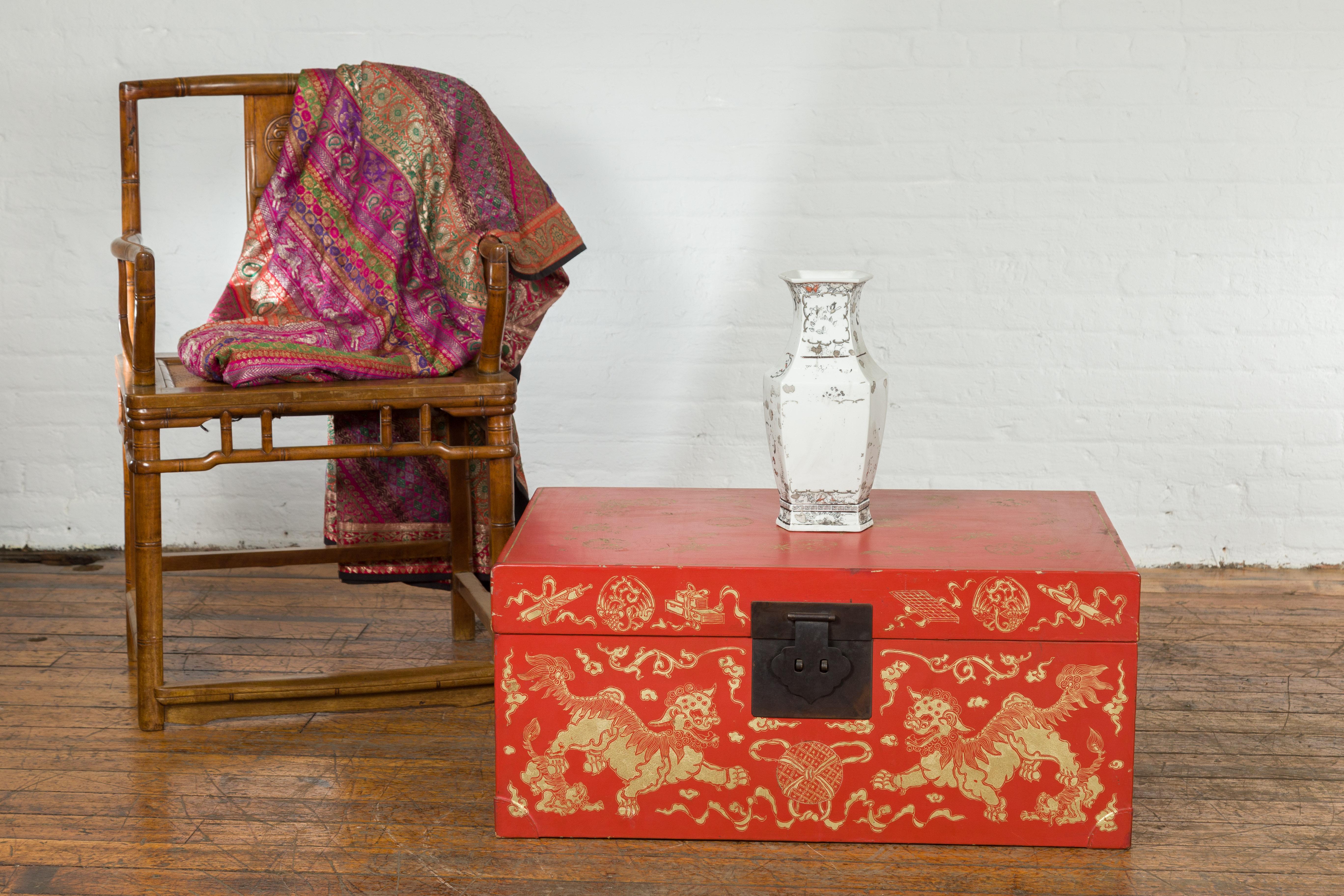 Fabric Red Lacquered Chinese Blanket Chest with Gilt Motifs and Guardian Lions For Sale