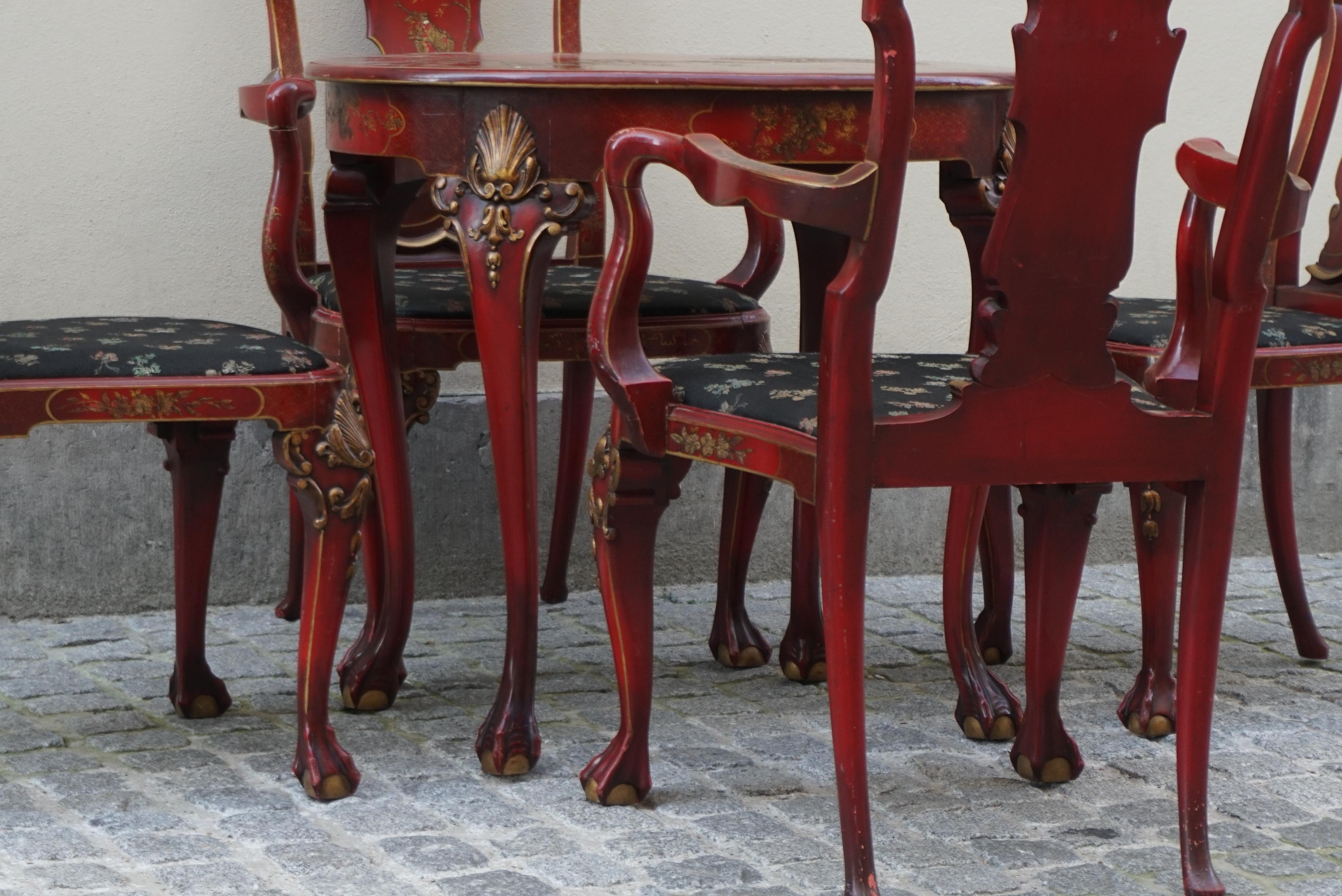 Red Lacquered Chinese Chippendale Table with Four Chairs For Sale 5