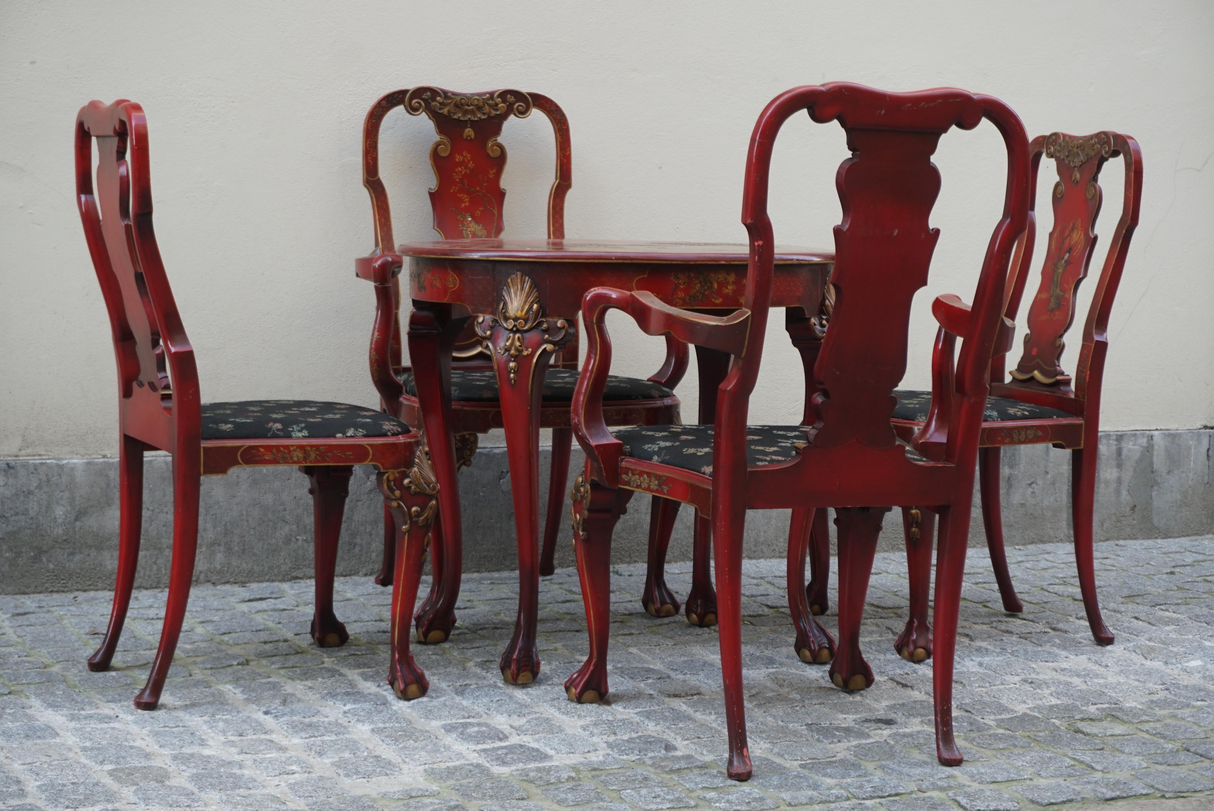 Red Lacquered Chinese Chippendale Table with Four Chairs For Sale 6