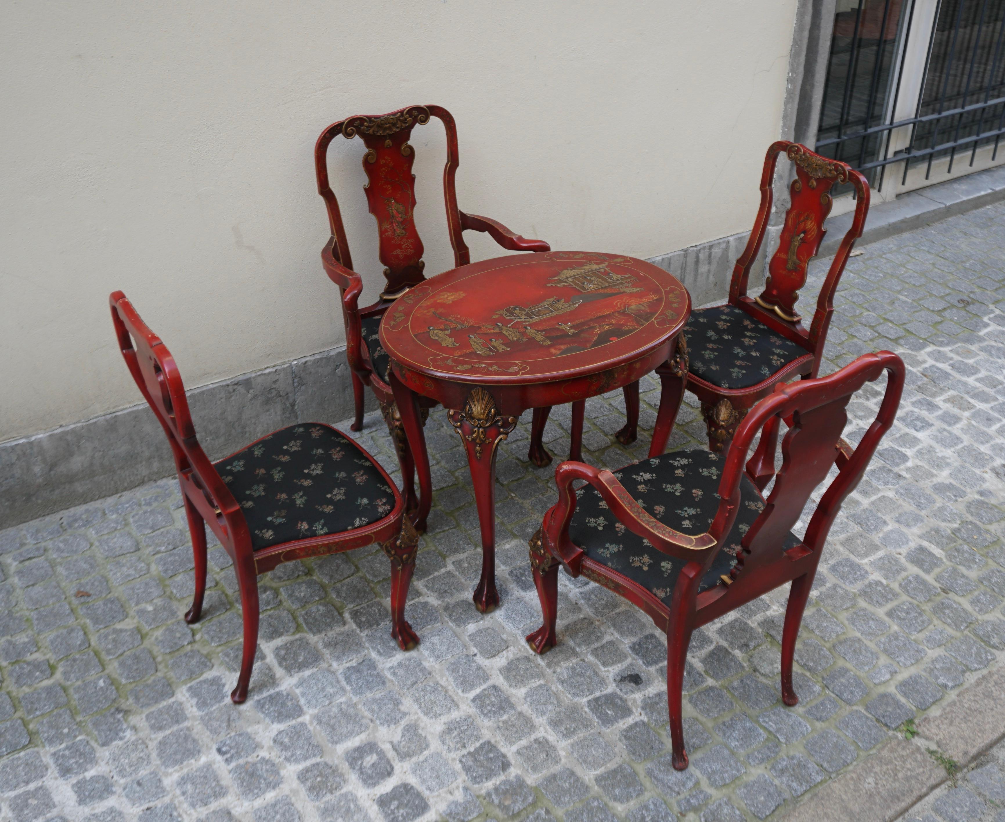 Red Lacquered Chinese Chippendale Table with Four Chairs For Sale 7