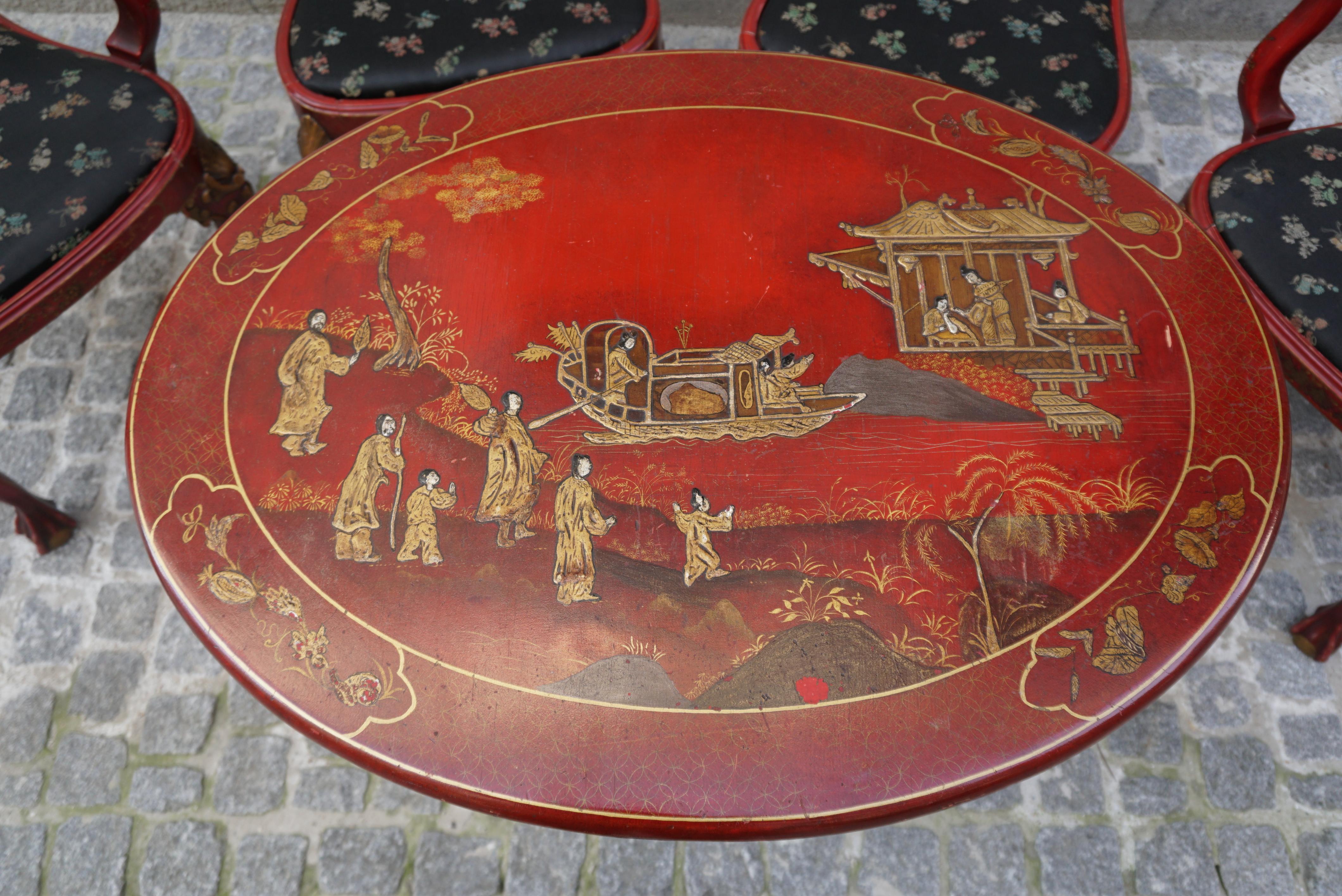 Red Lacquered Chinese Chippendale Table with Four Chairs For Sale 9