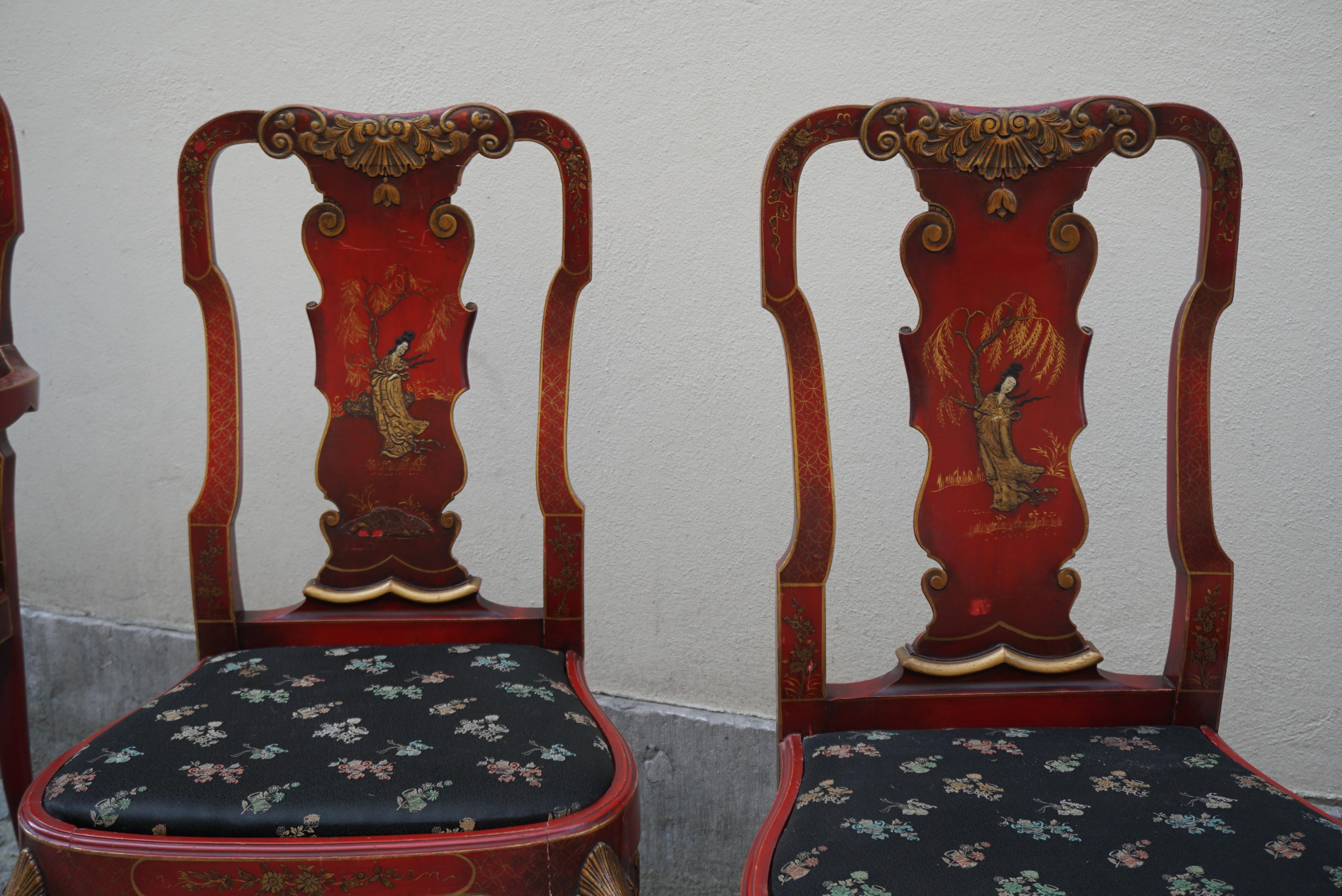 Red Lacquered Chinese Chippendale Table with Four Chairs For Sale 10