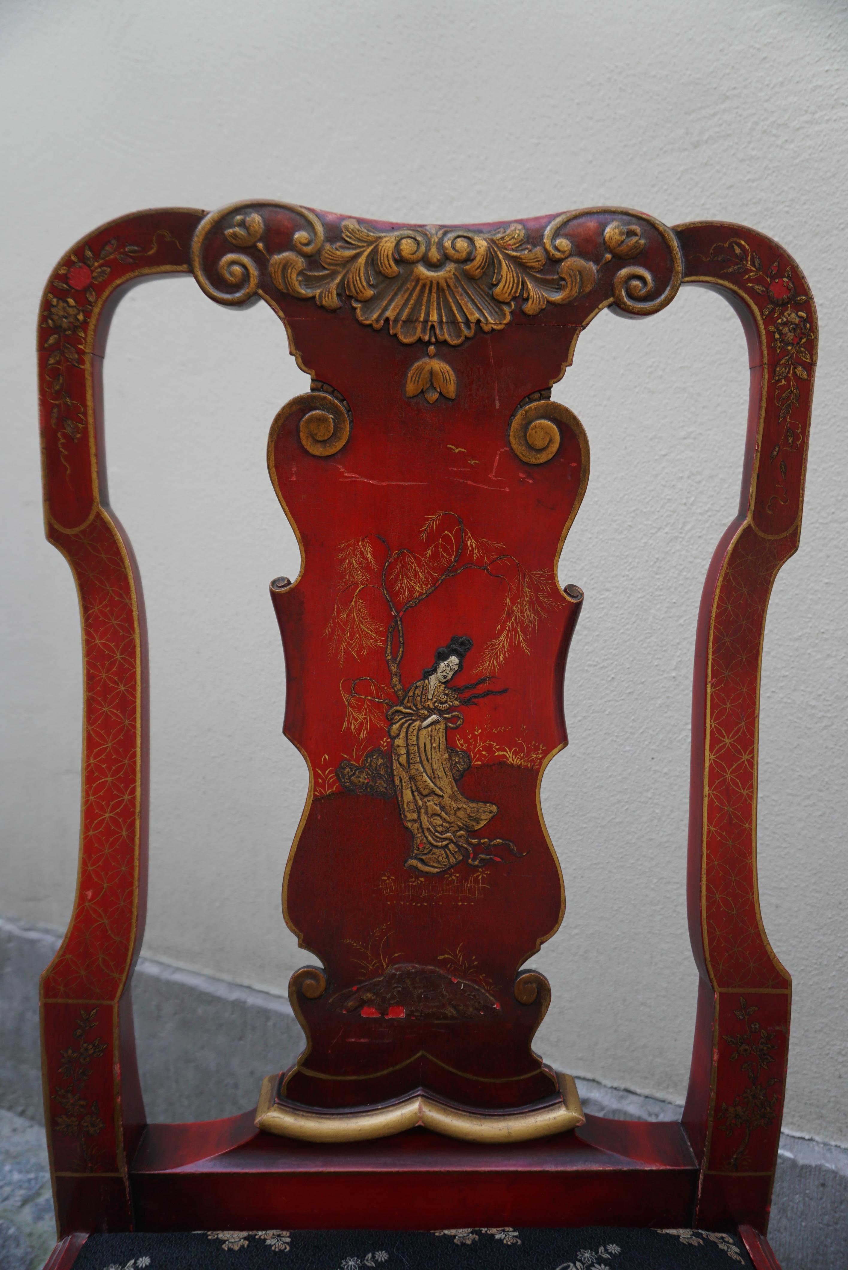 Red Lacquered Chinese Chippendale Table with Four Chairs For Sale 11