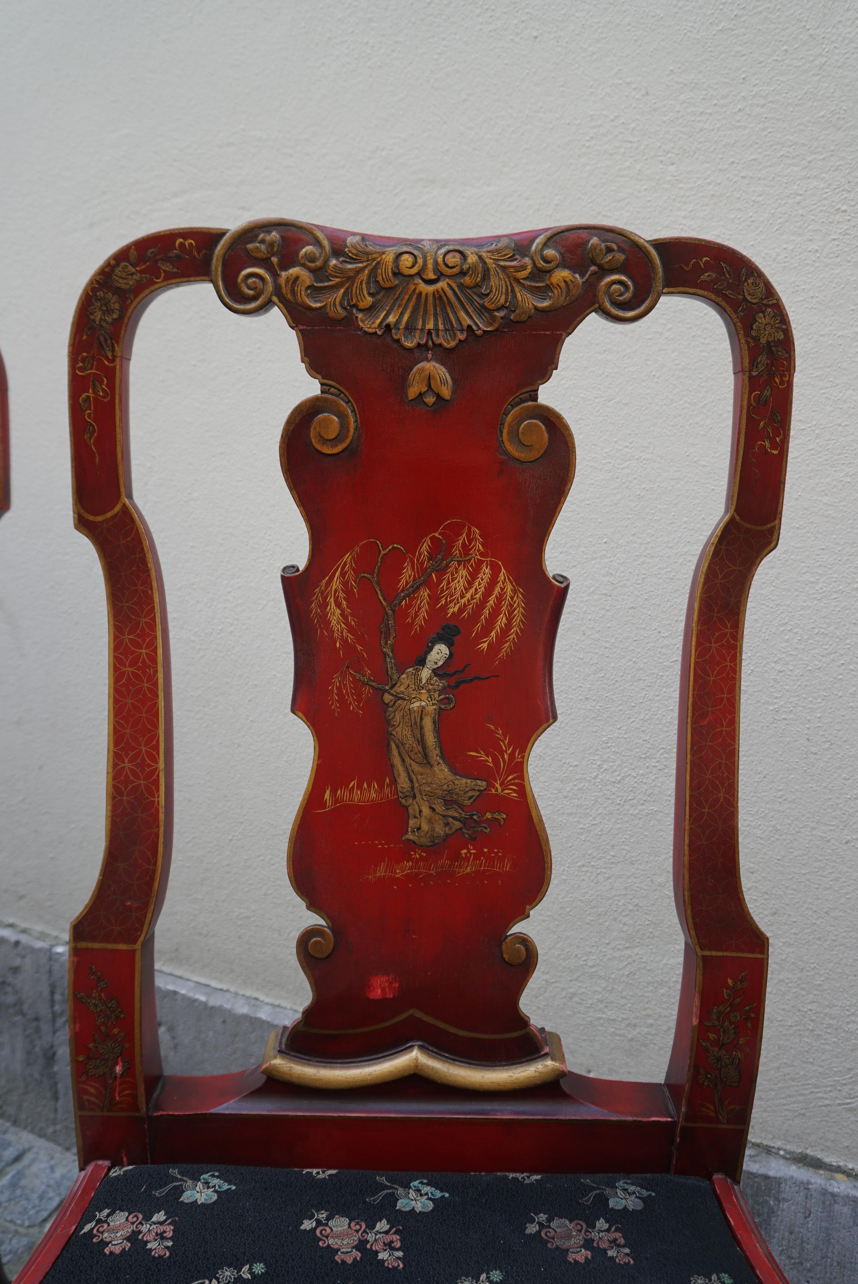 Red Lacquered Chinese Chippendale Table with Four Chairs For Sale 12