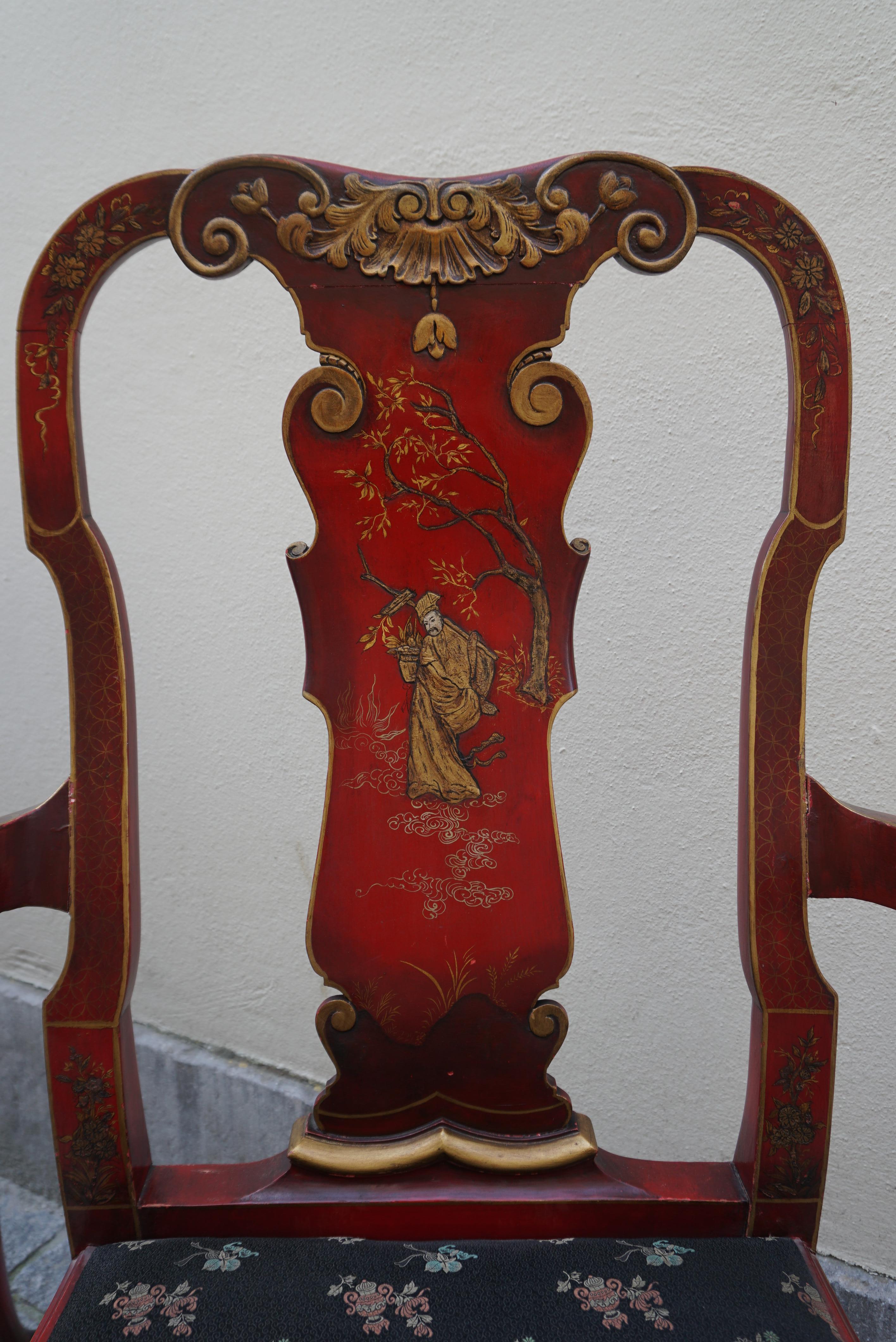 Red Lacquered Chinese Chippendale Table with Four Chairs For Sale 13