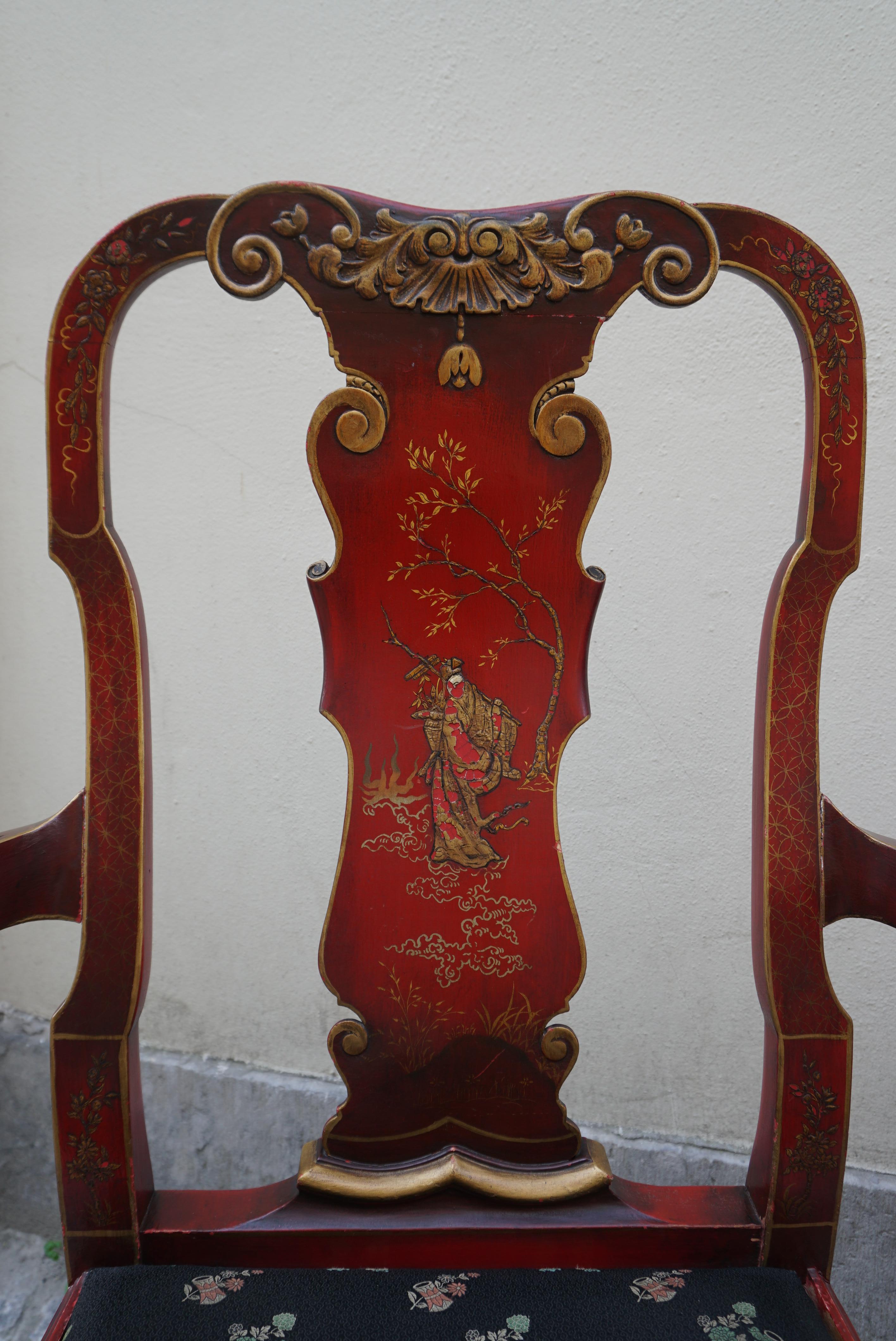 Red Lacquered English Chippendale Living Room Set in Japanese Style For Sale 11