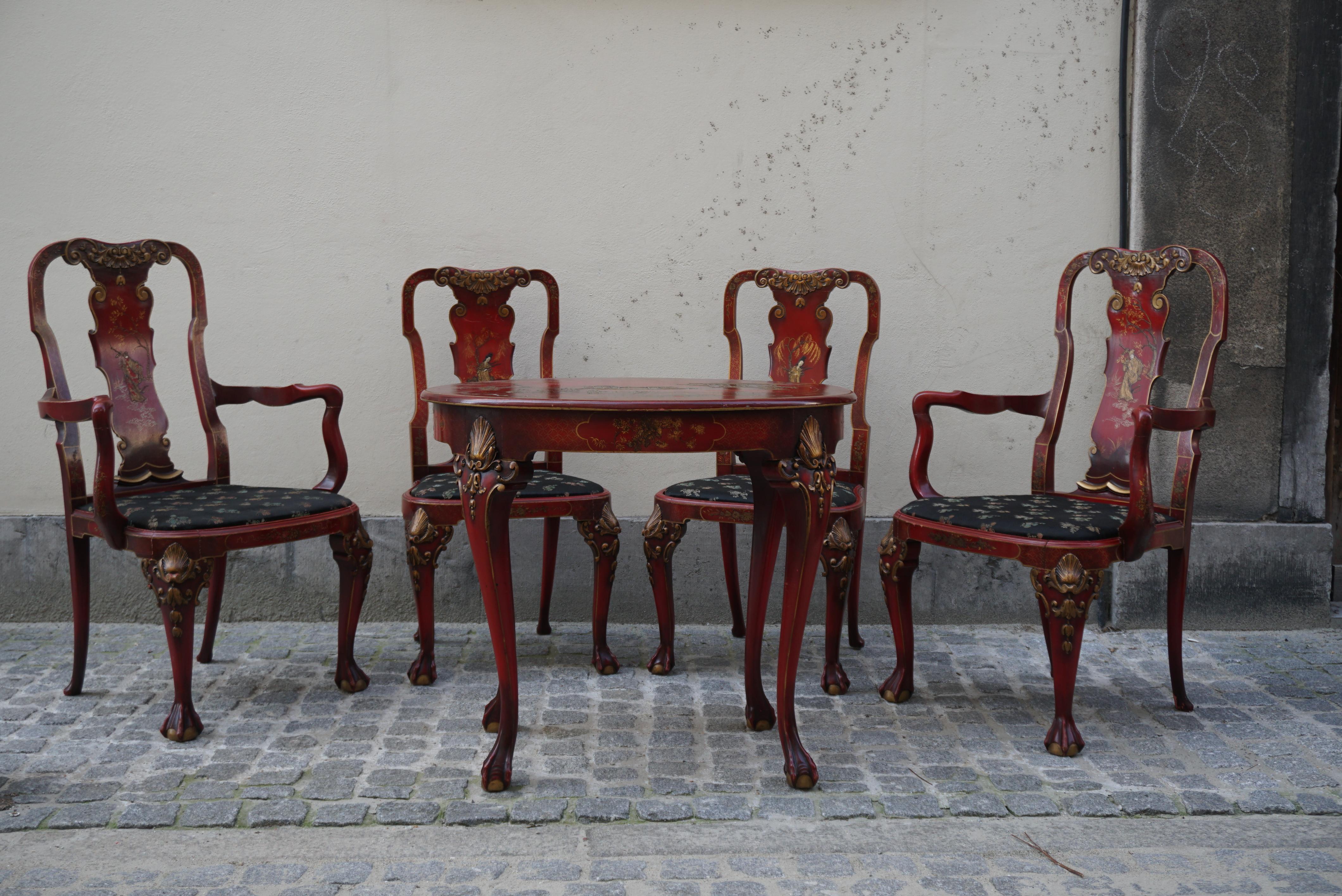 Red lacquered Chinese Chippendale oval table with four chairs.

Chinoiserie is the European interpretation and imitation of Chinese and other East Asian artistic traditions, especially in the decorative arts, garden design, architecture, literature,