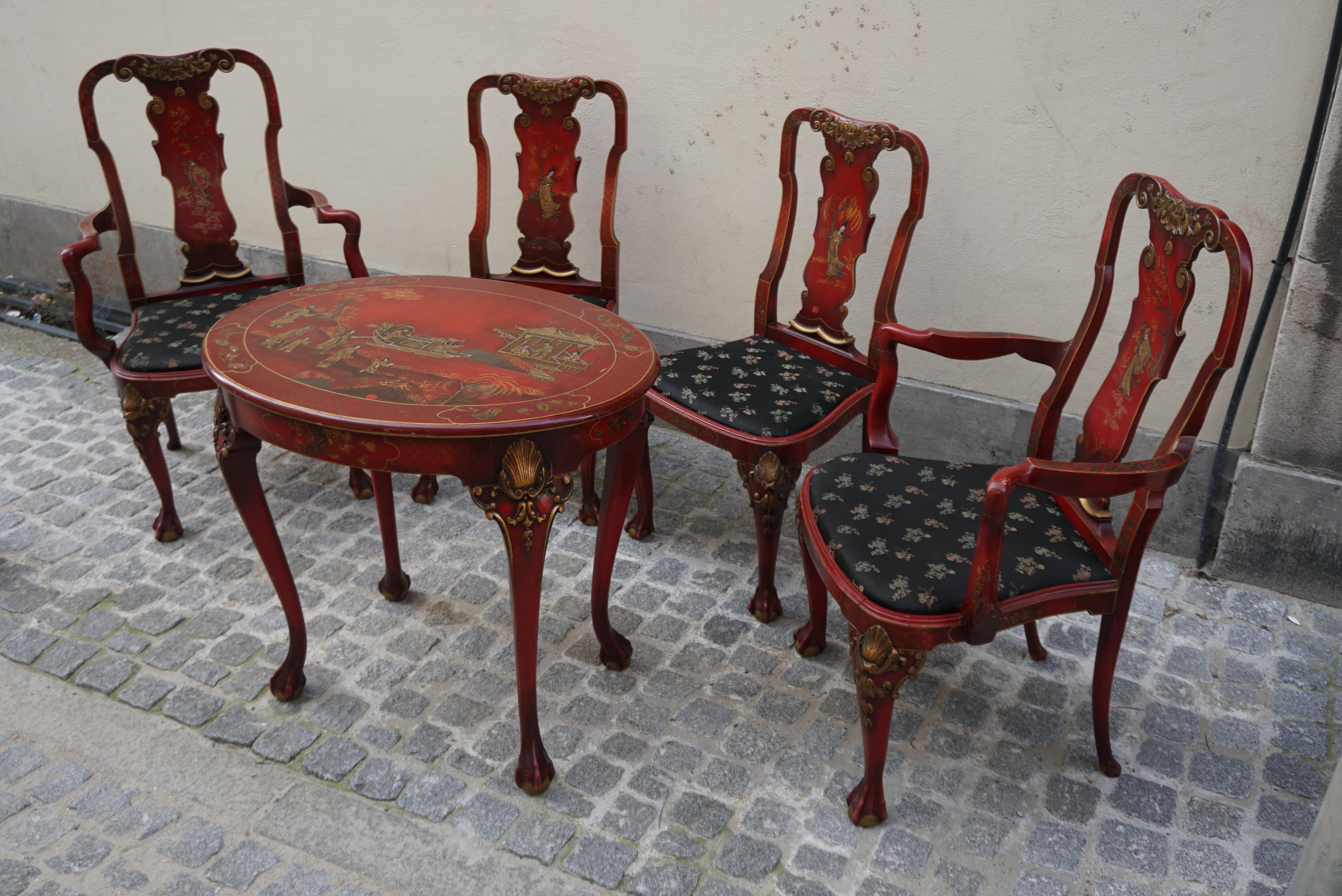 Anglo-japonais Ensemble de salon Chippendale anglais laqué rouge de style japonais en vente