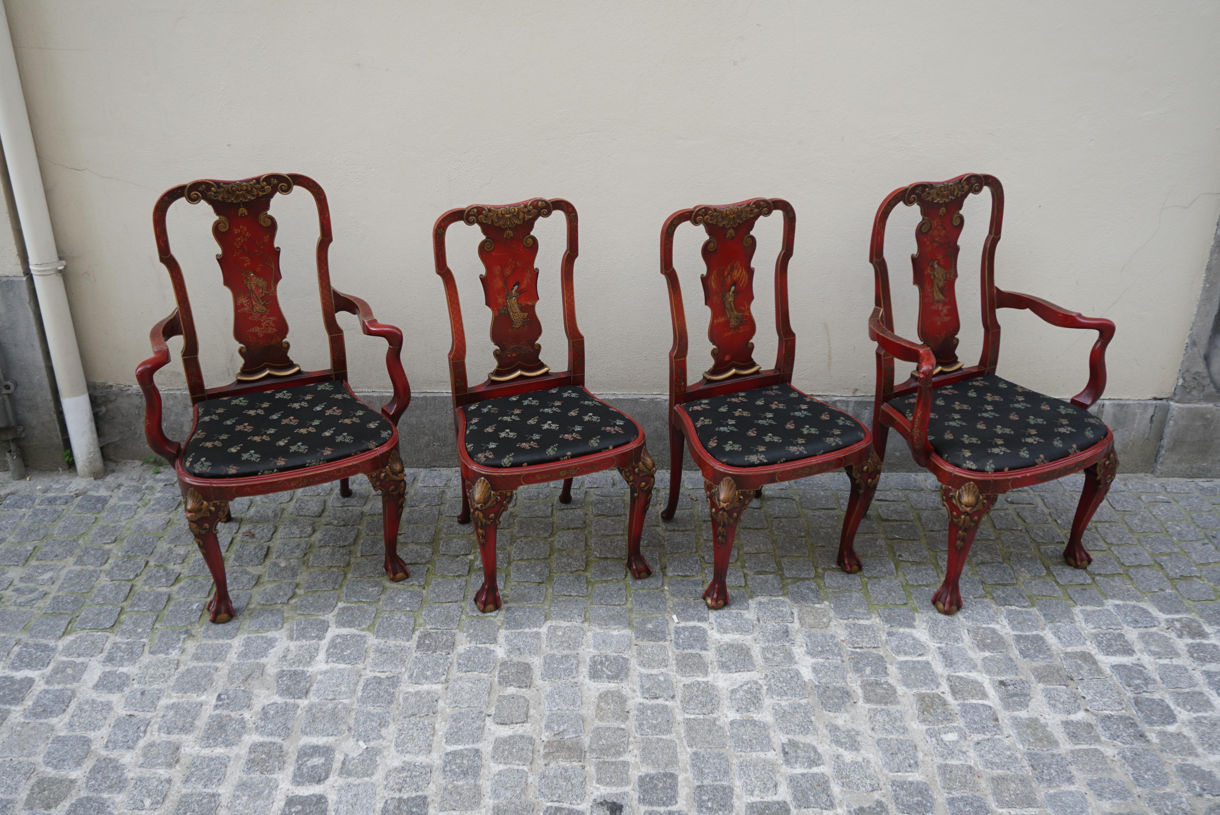 Red Lacquered Chinese Chippendale Table with Four Chairs For Sale 2