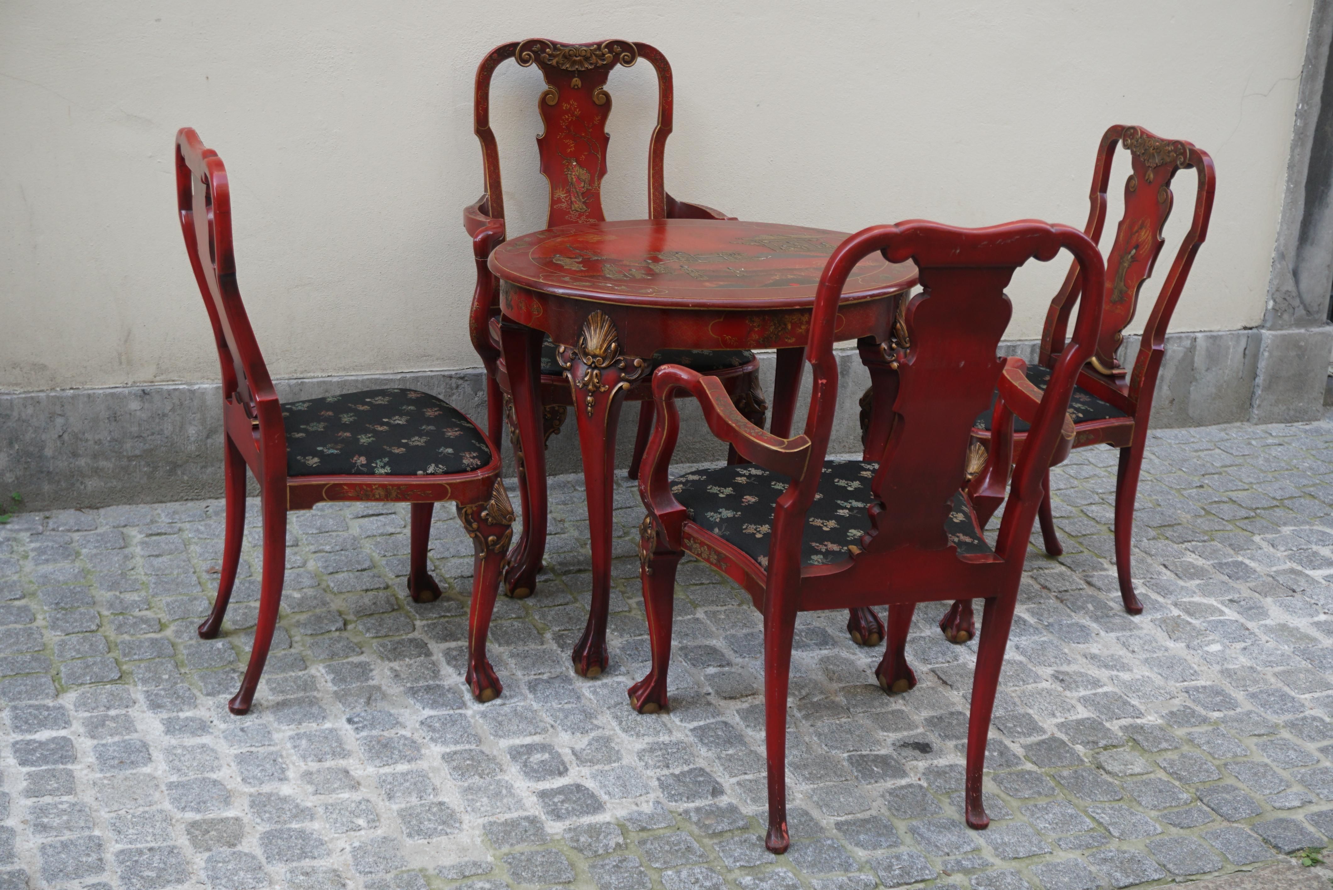 Red Lacquered Chinese Chippendale Table with Four Chairs For Sale 3