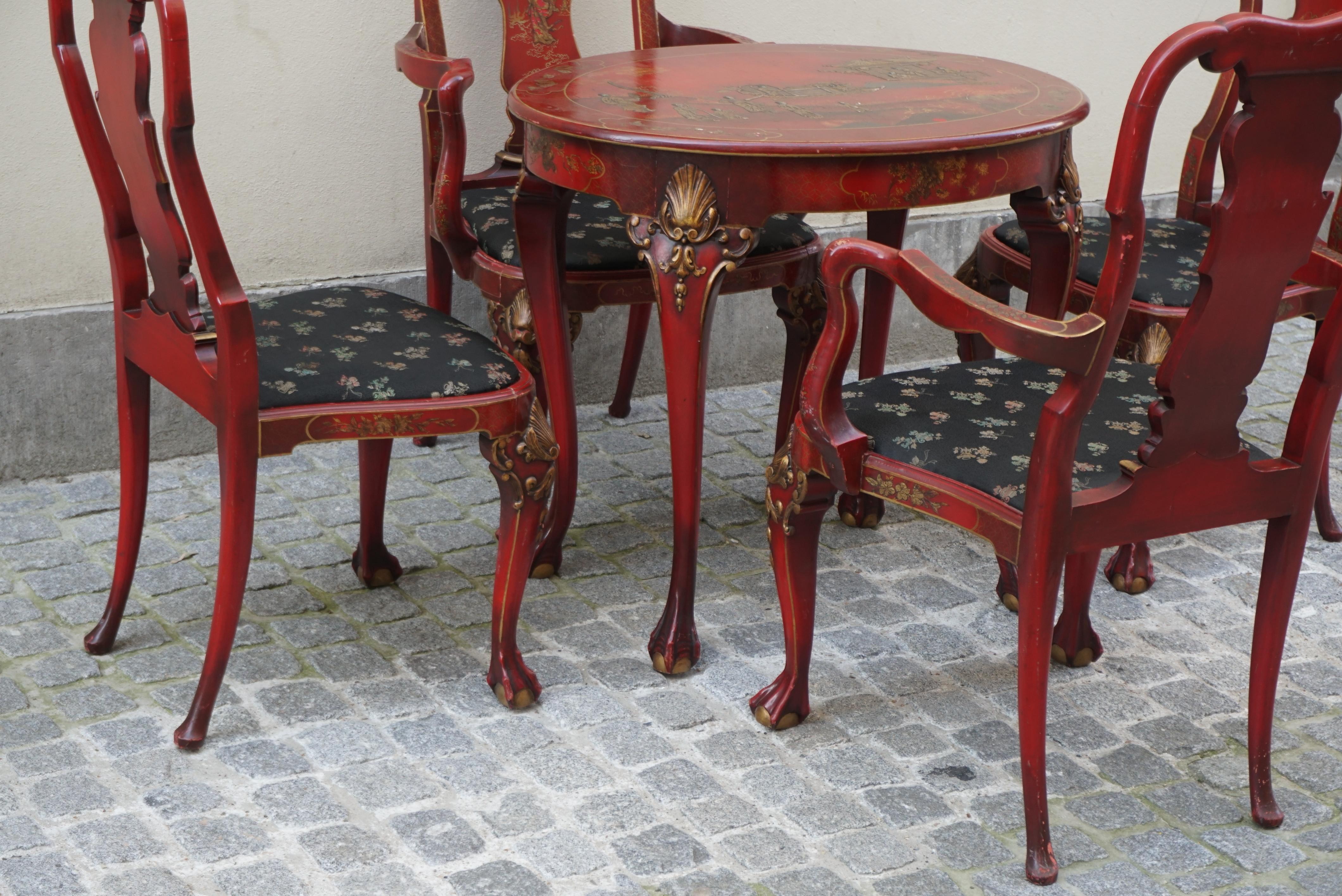 Red Lacquered Chinese Chippendale Table with Four Chairs For Sale 4