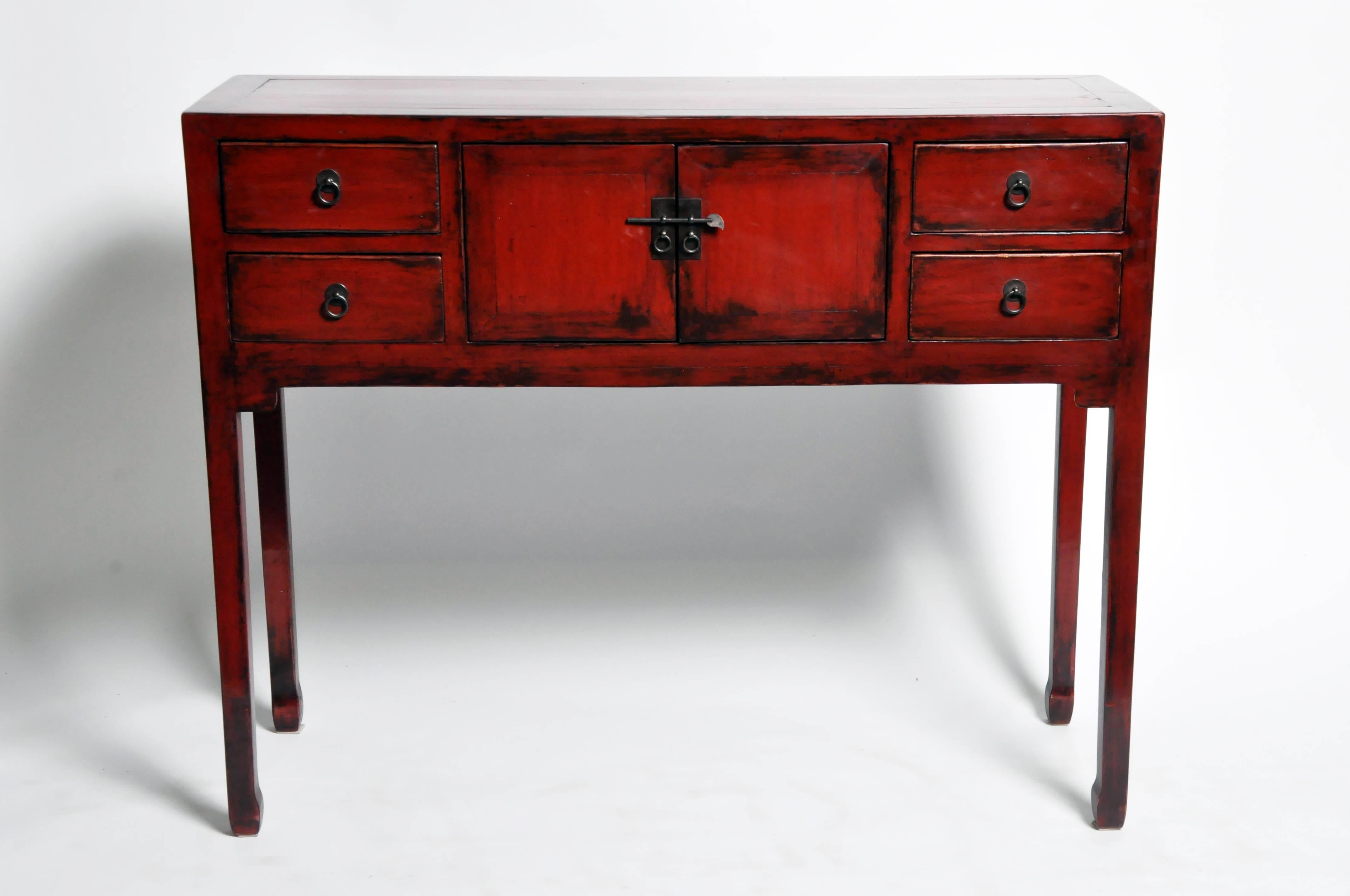 Red-Lacquered Chinese Console Table with Four Drawers In Good Condition In Chicago, IL