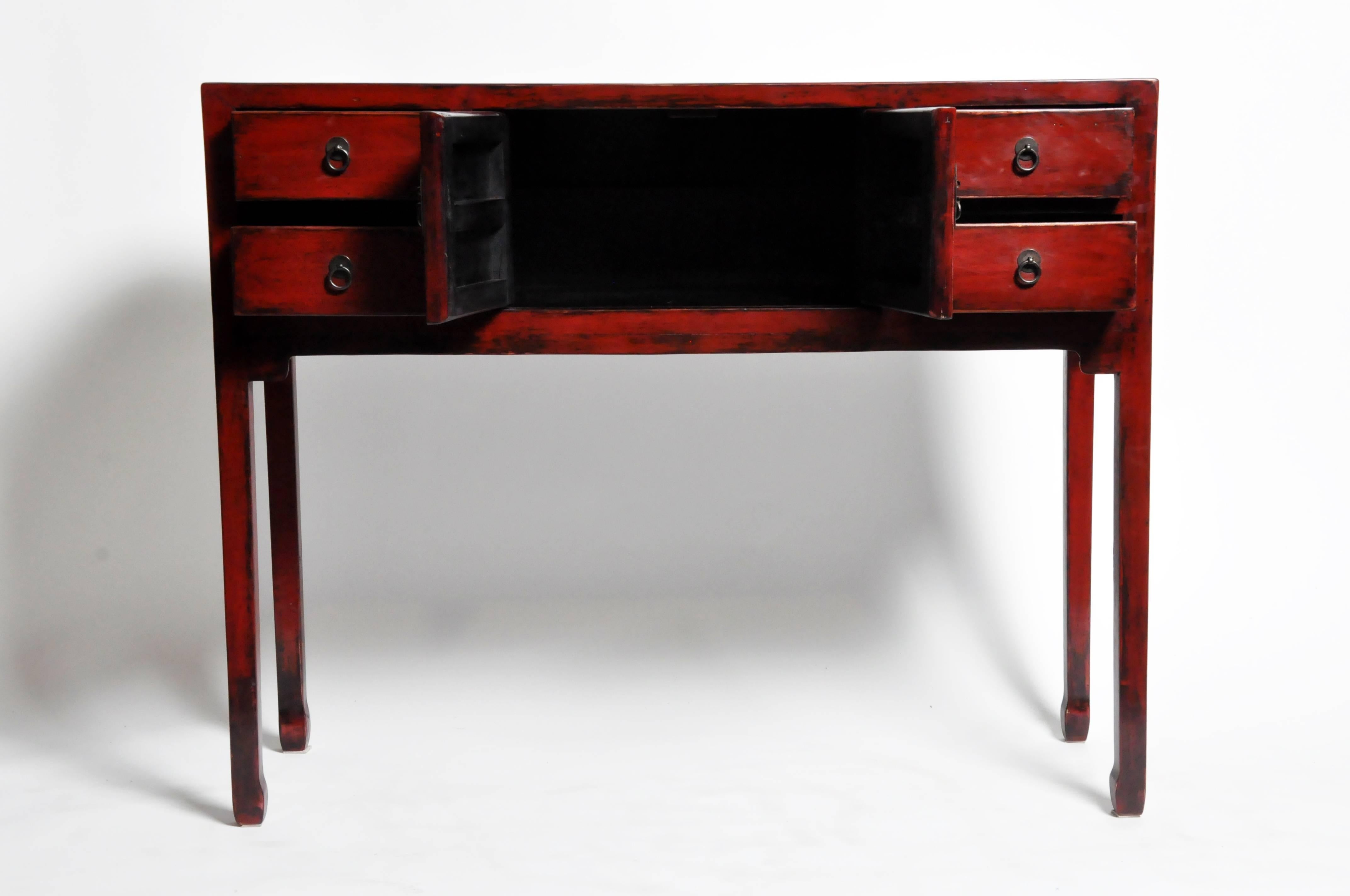 Contemporary Red-Lacquered Chinese Console Table with Four Drawers