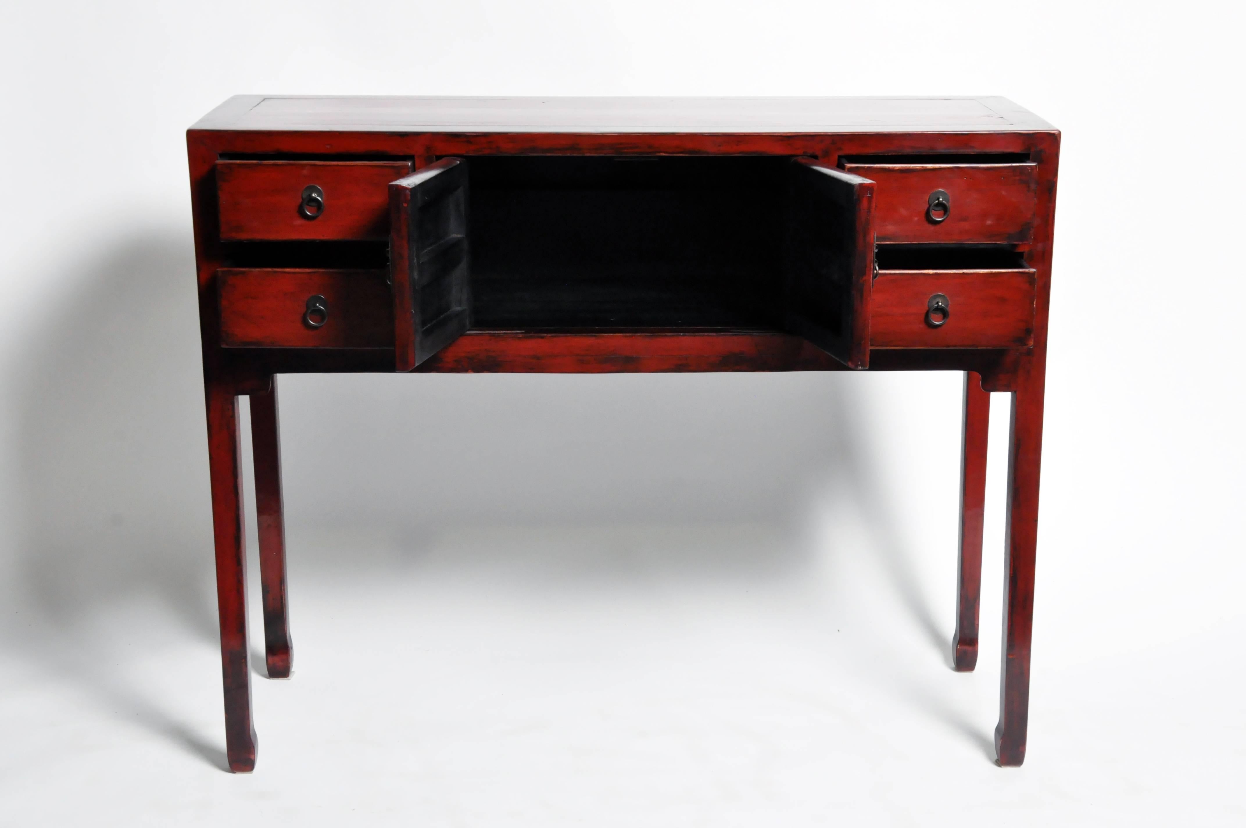 Elm Red-Lacquered Chinese Console Table with Four Drawers