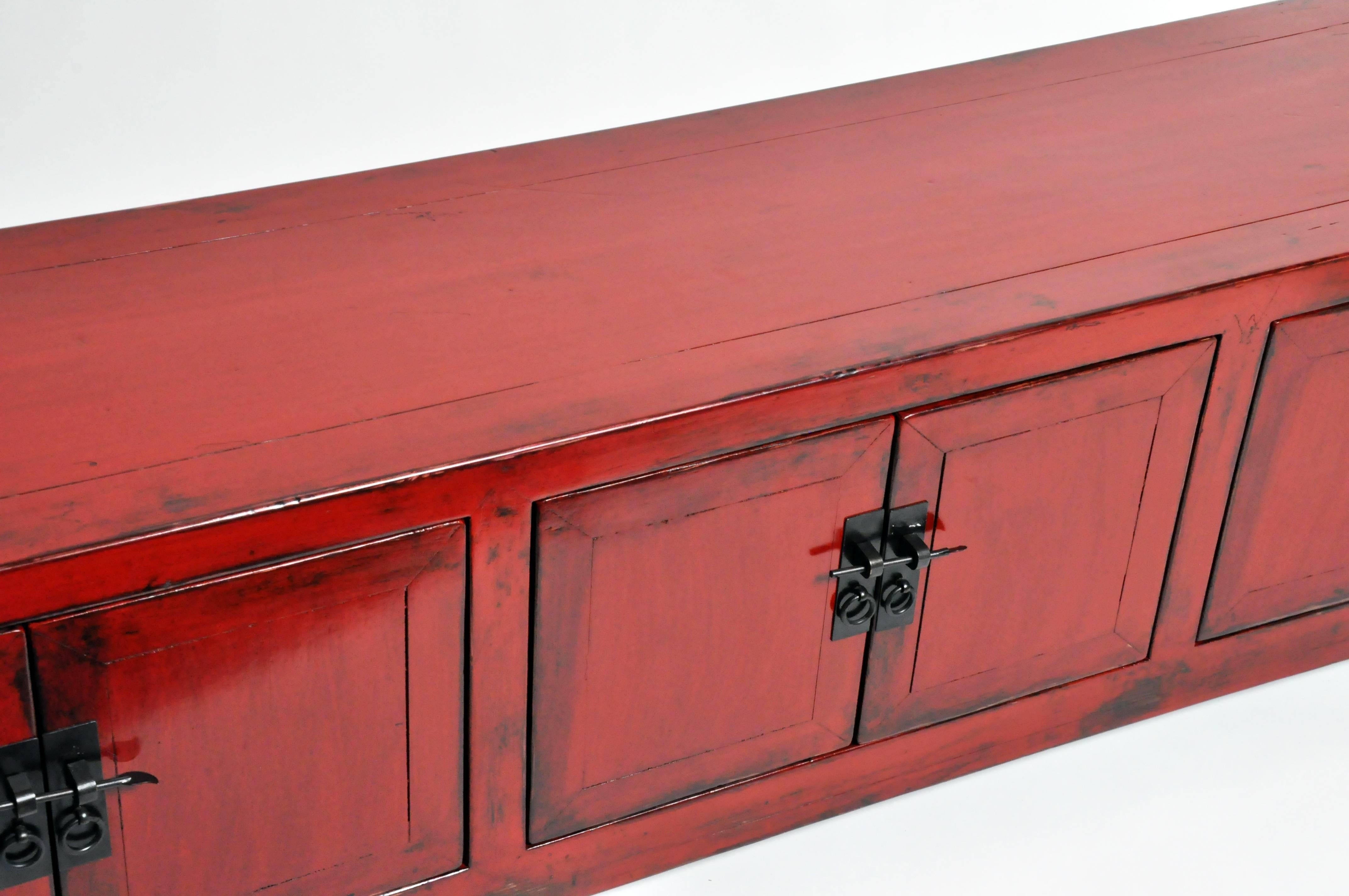 Red Lacquered Chinese Low Chest with Three Shelves 9