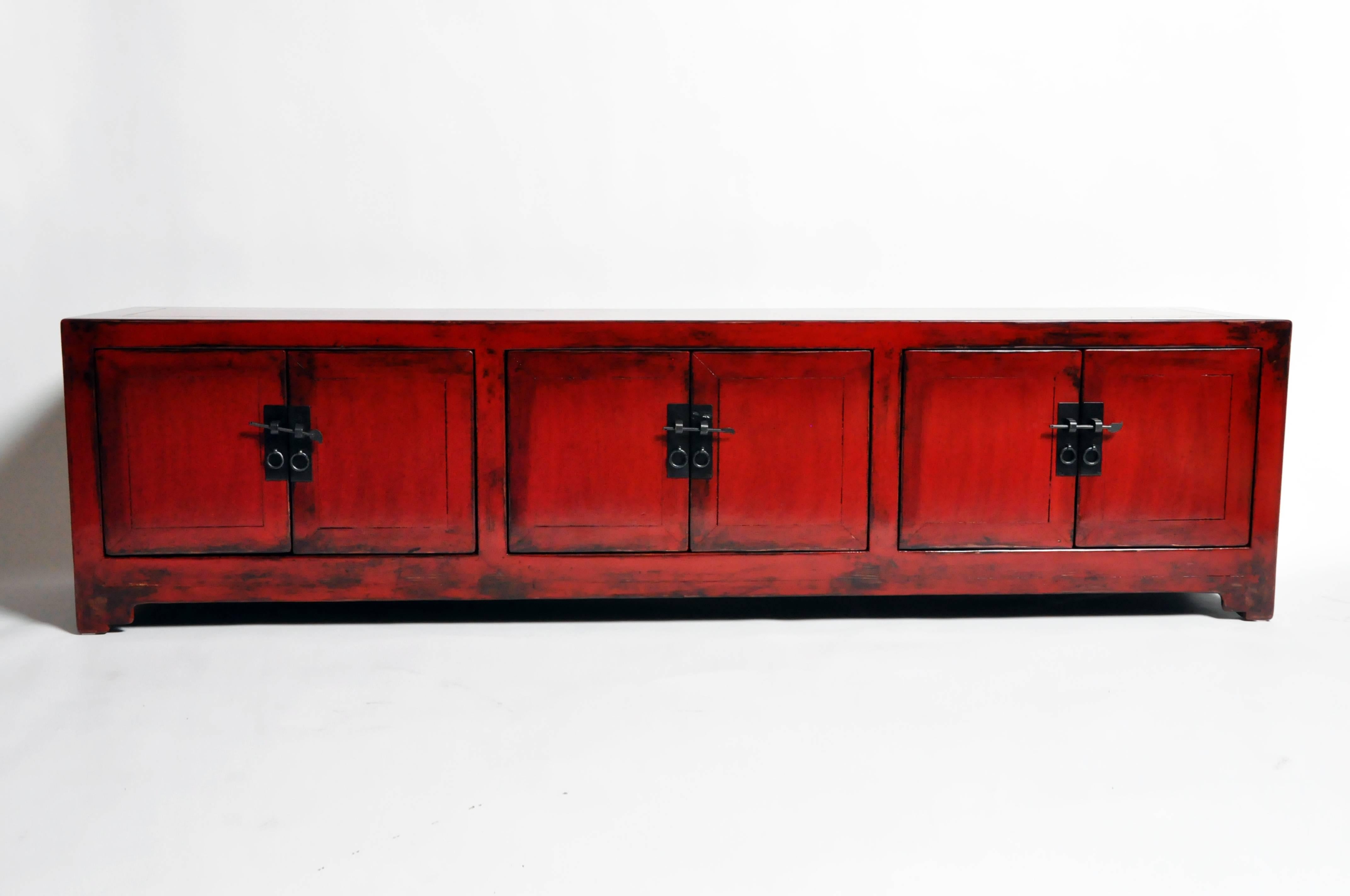 Red Lacquered Chinese Low Chest with Three Shelves In Good Condition In Chicago, IL