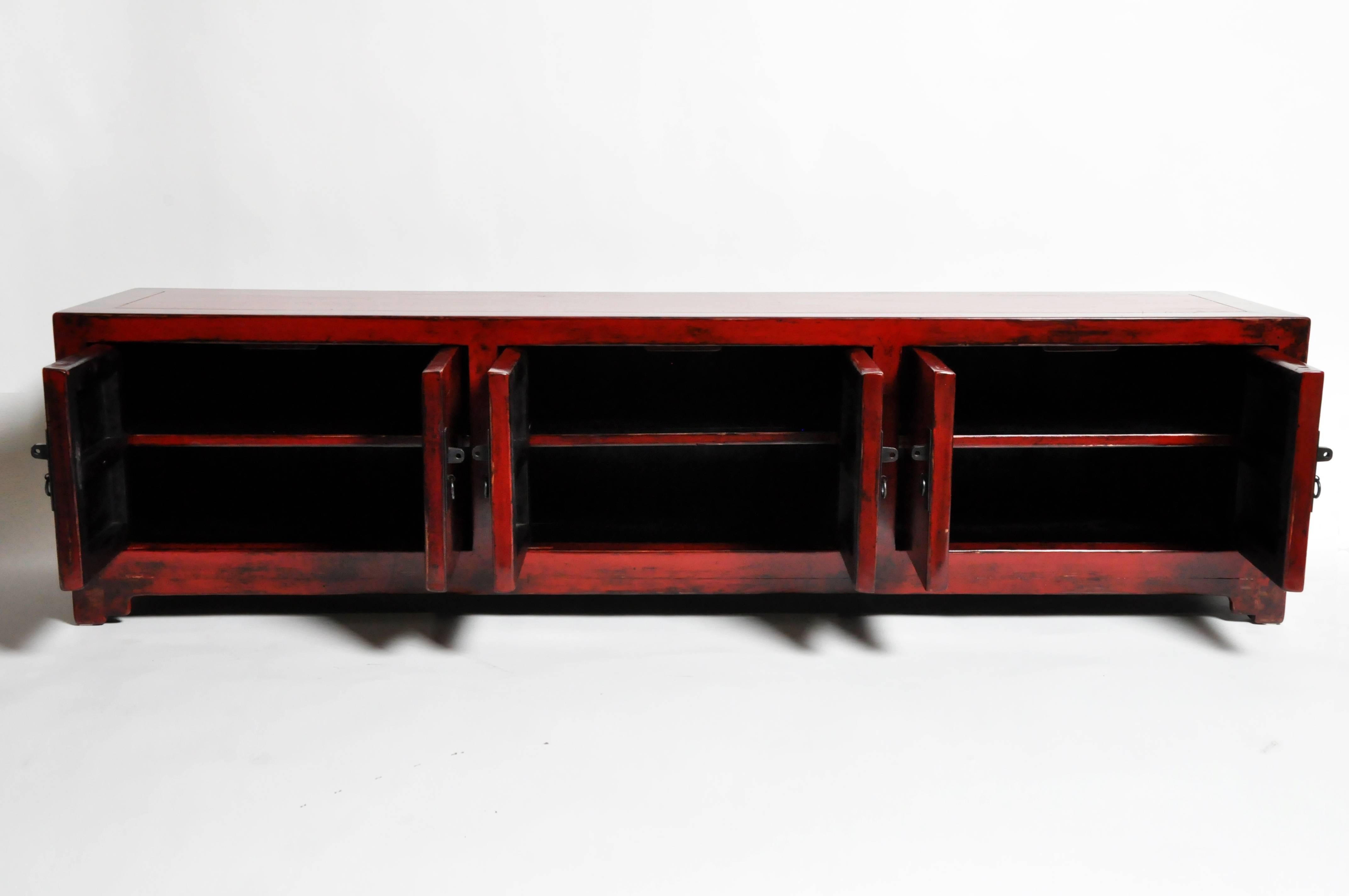 Contemporary Red Lacquered Chinese Low Chest with Three Shelves