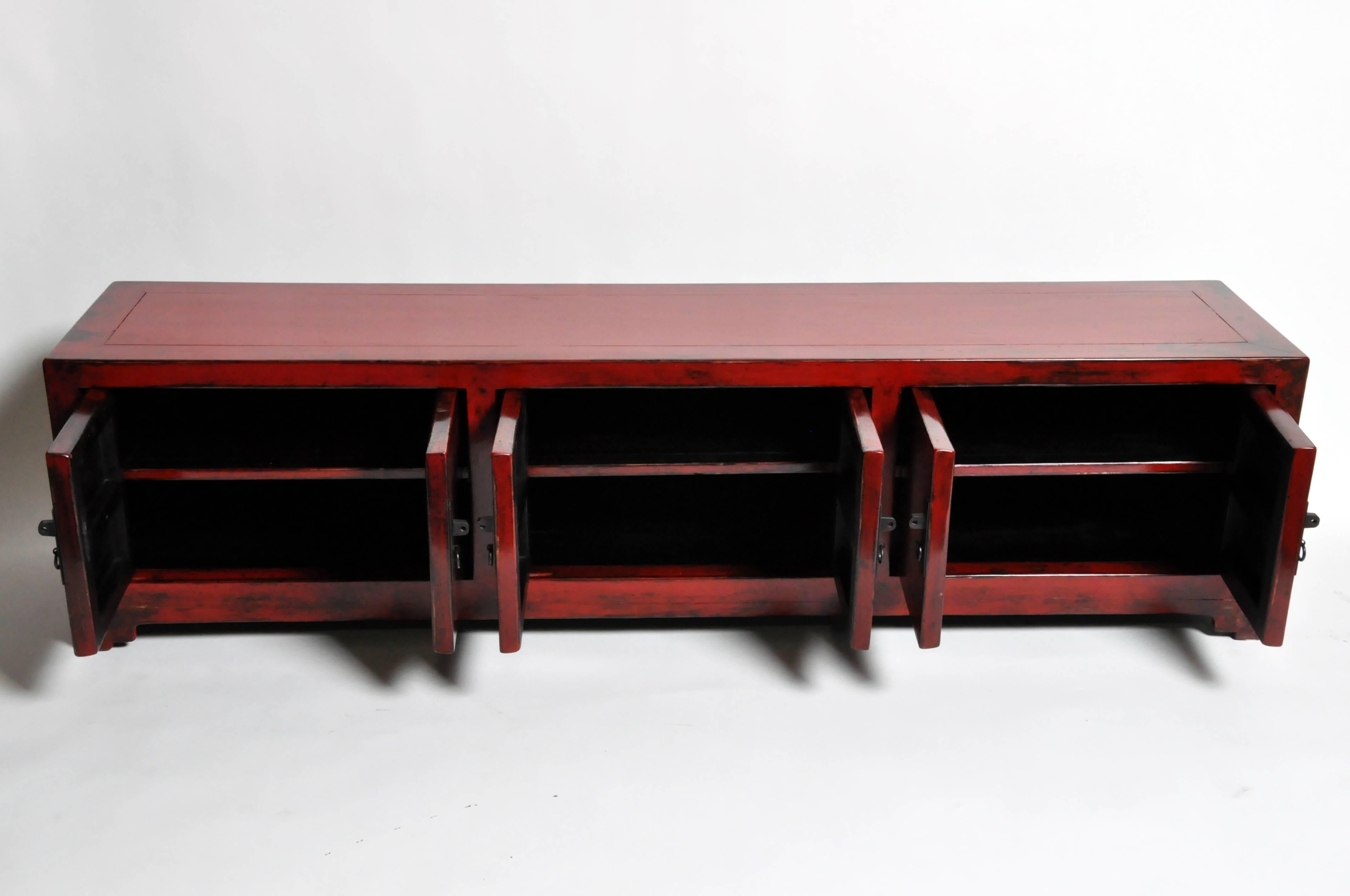 Elm Red Lacquered Chinese Low Chest with Three Shelves