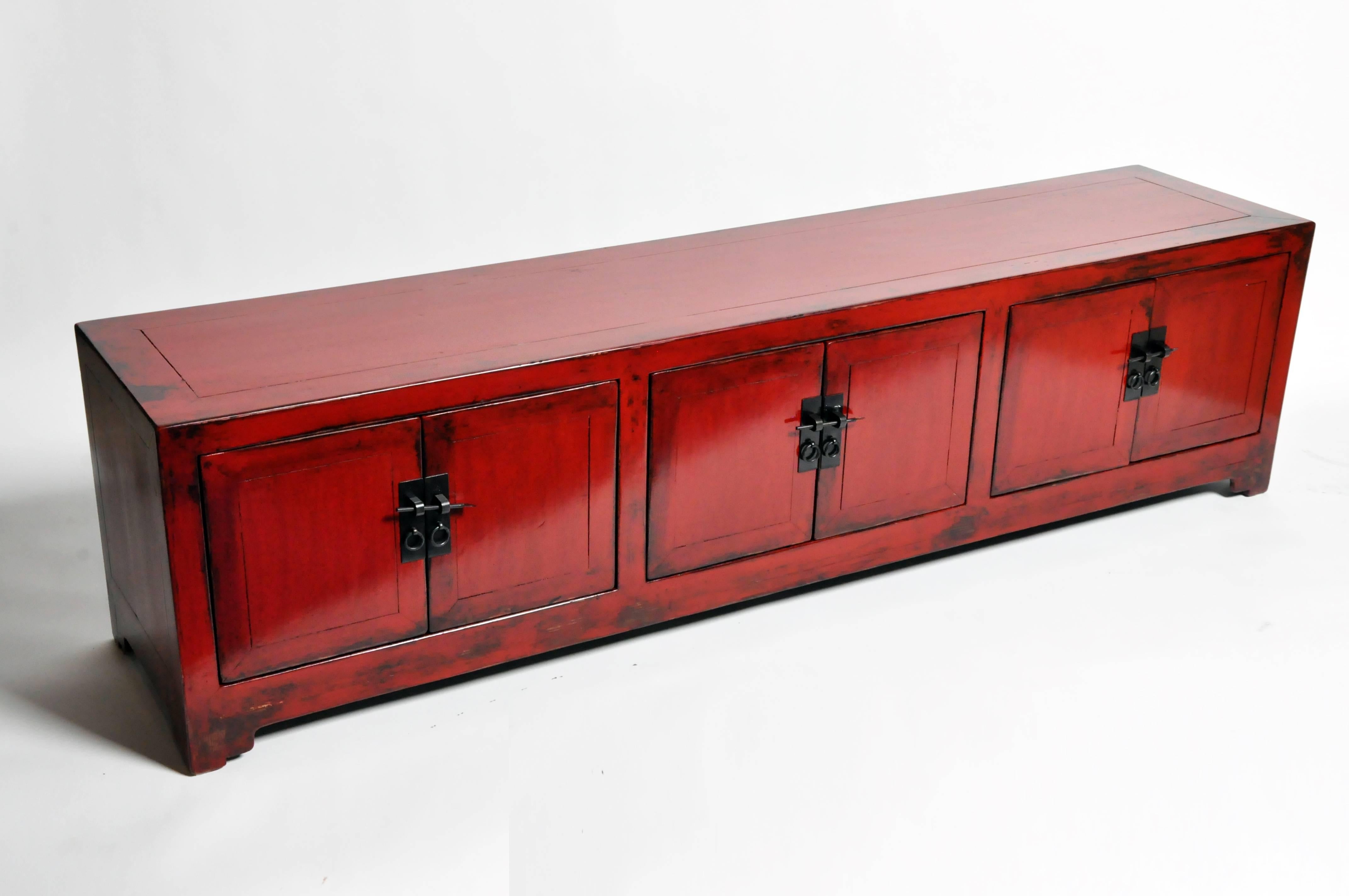 Red Lacquered Chinese Low Chest with Three Shelves 2