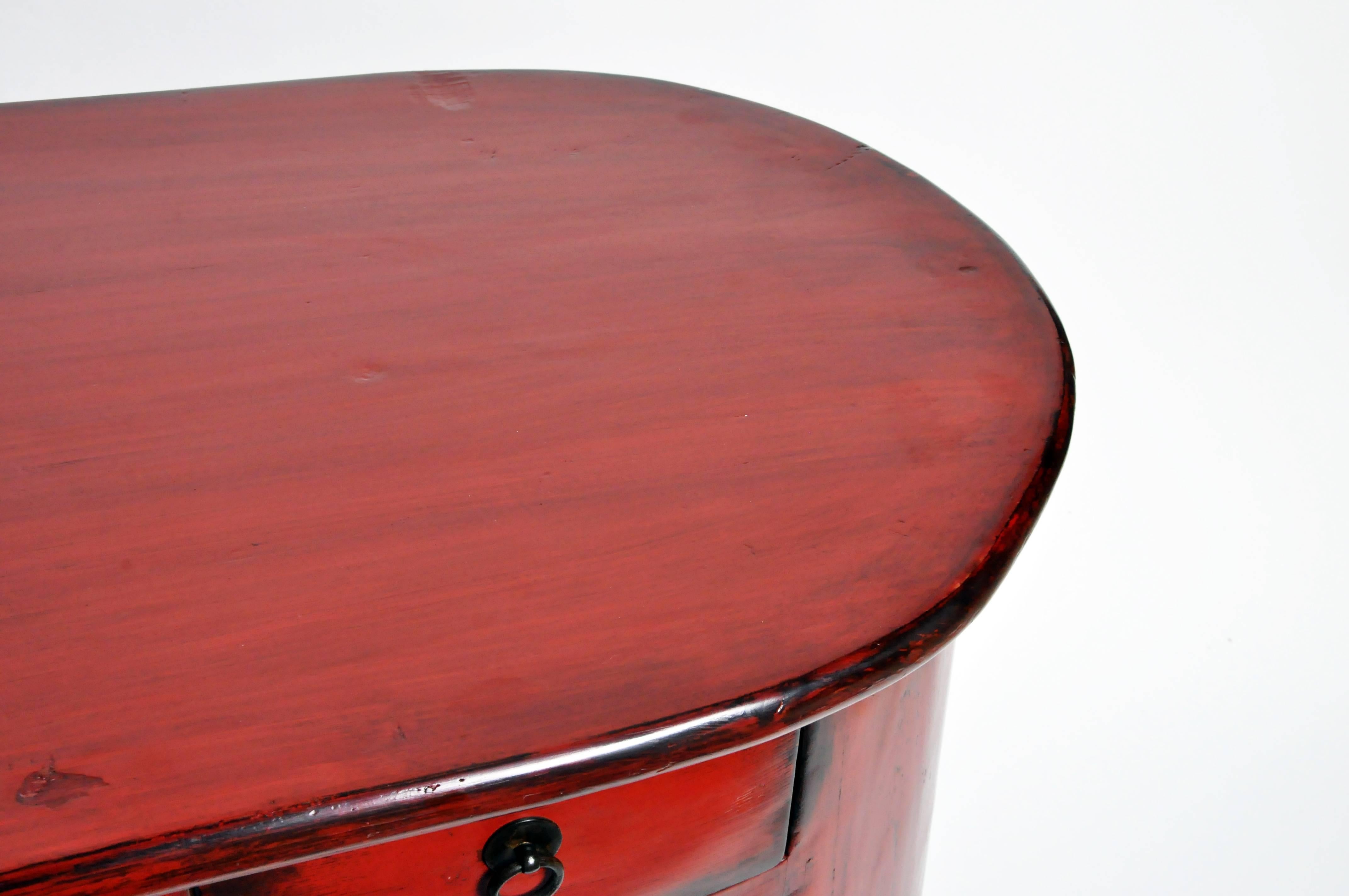 Red-Lacquered Chinese Oval Chest with Three Drawers and a Shelf 7