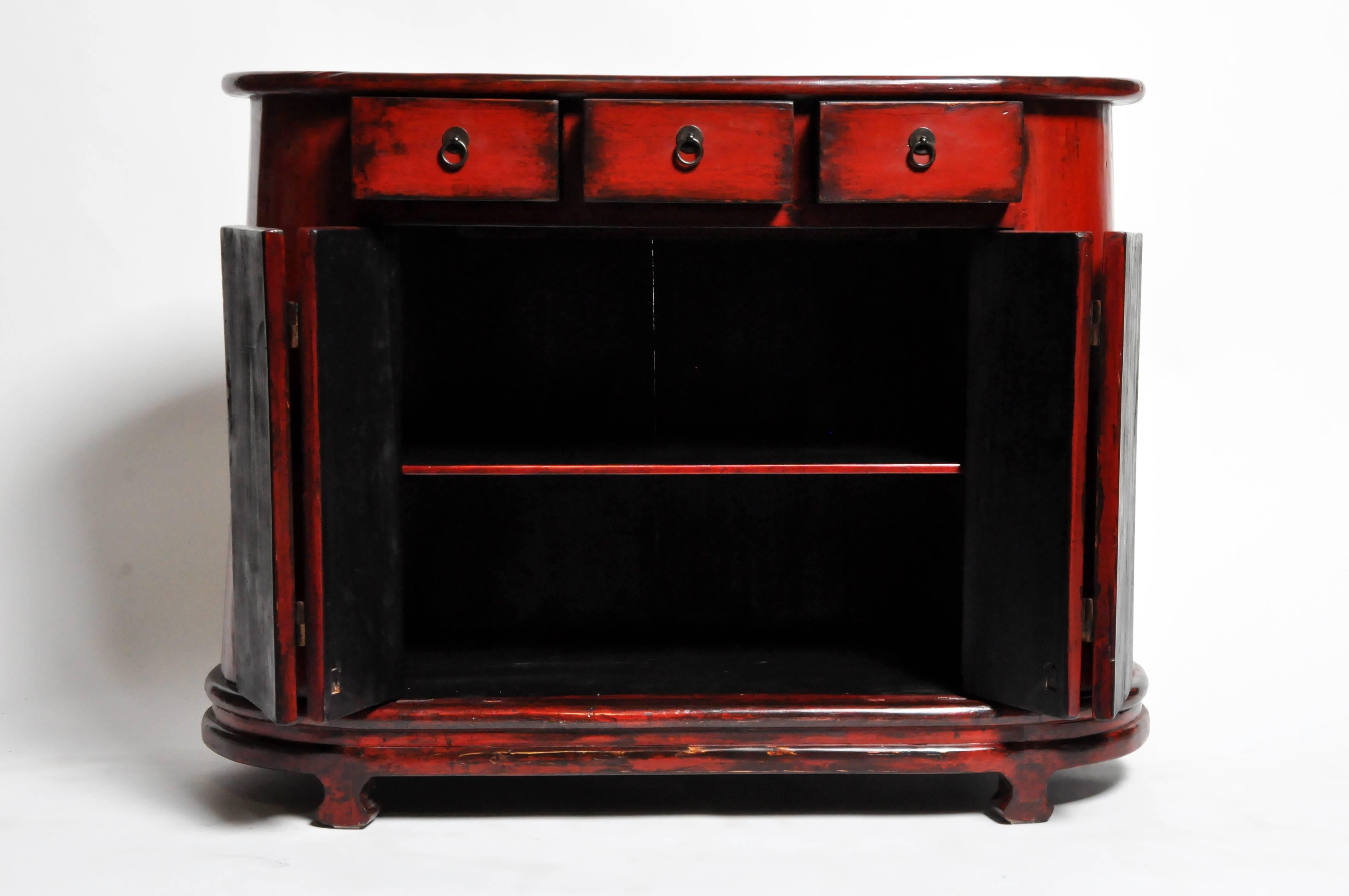 Red-Lacquered Chinese Oval Chest with Three Drawers and a Shelf 11