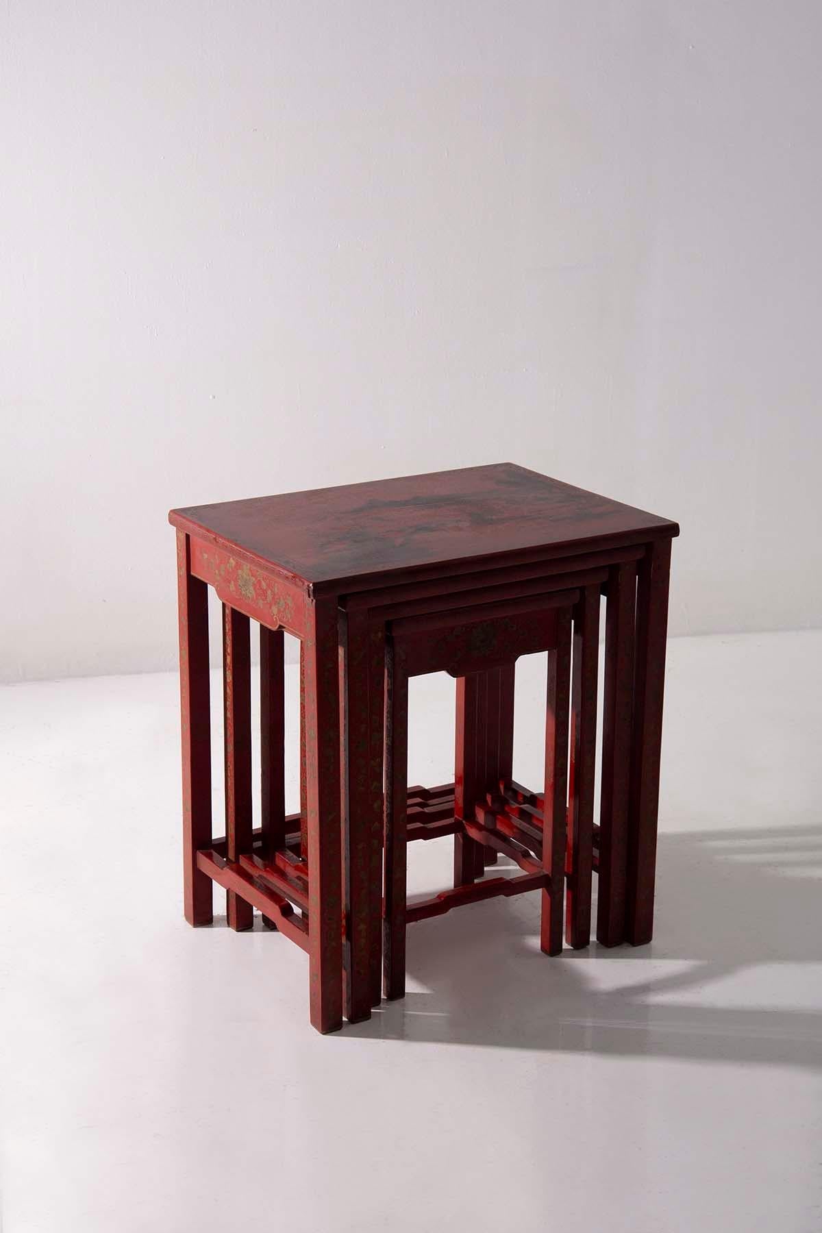 Chinese Chippendale Red lacquered Chinese Quartetto table nest 19-20th century