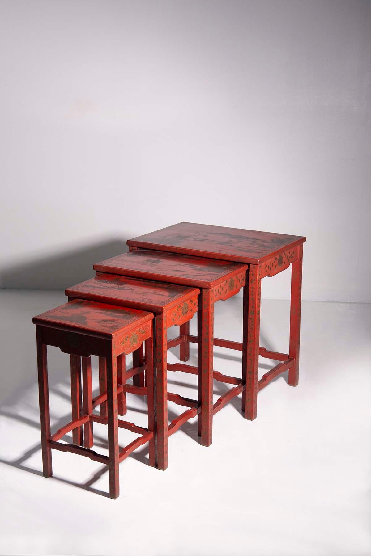 19th Century Red lacquered Chinese Quartetto table nest 19-20th century For Sale