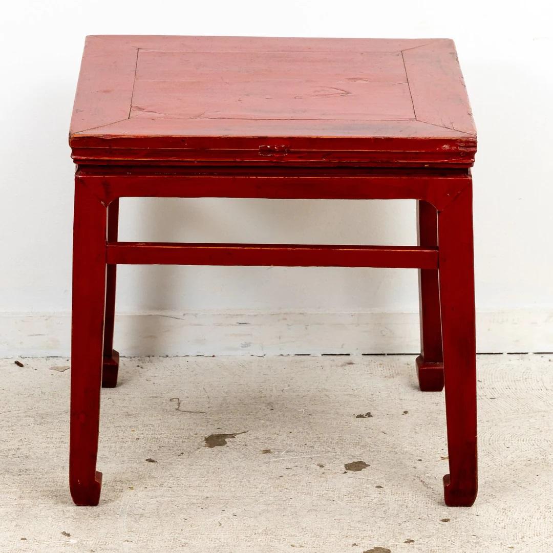 Antique Red Lacquered Chinese Side Table. Two available, not quite a matched pair. 1880s- 1920s. Wear consistent with age.