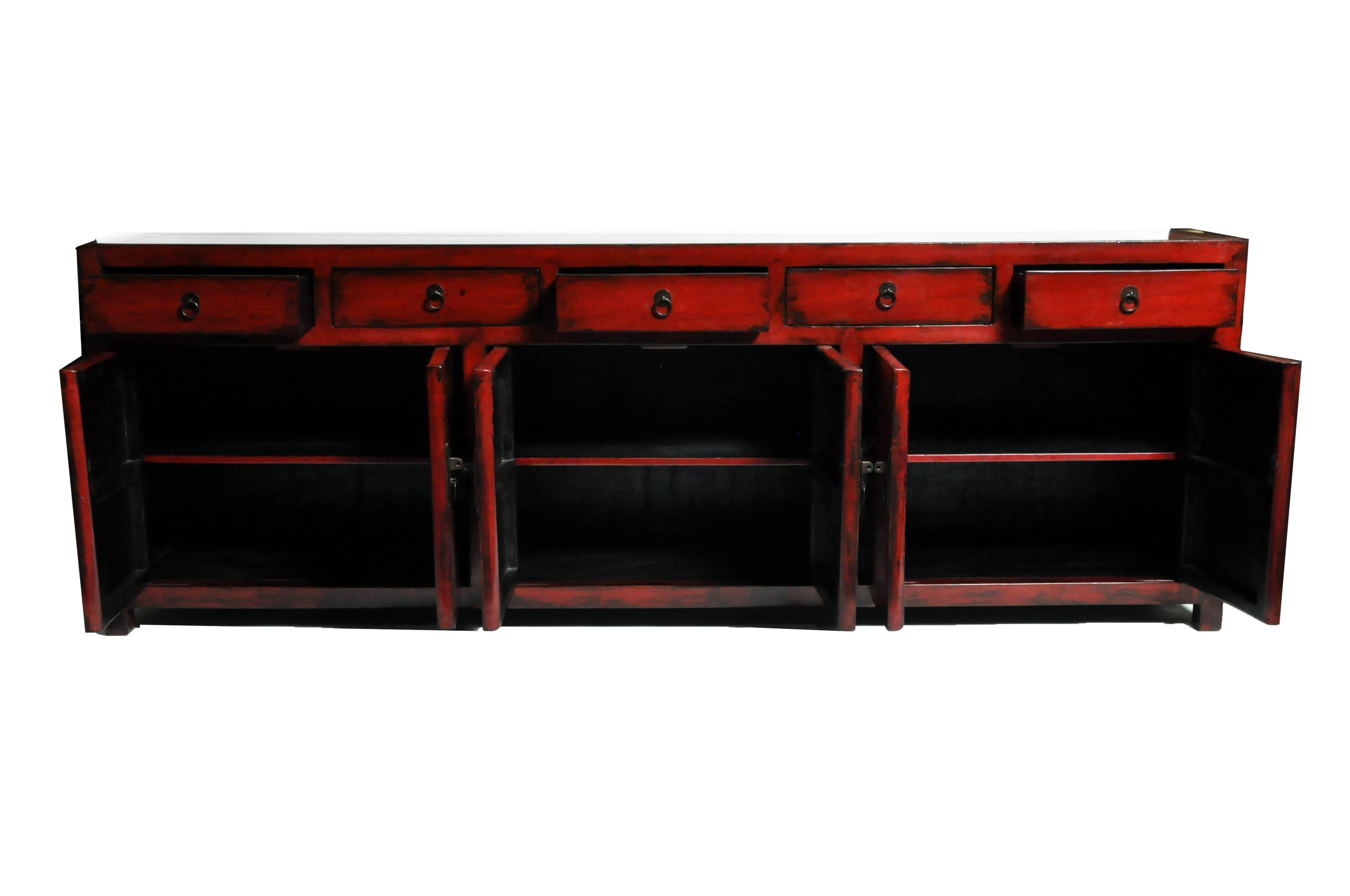 Red Lacquered Chinese Sideboard with Five Drawers and Three Shelves In Good Condition In Chicago, IL