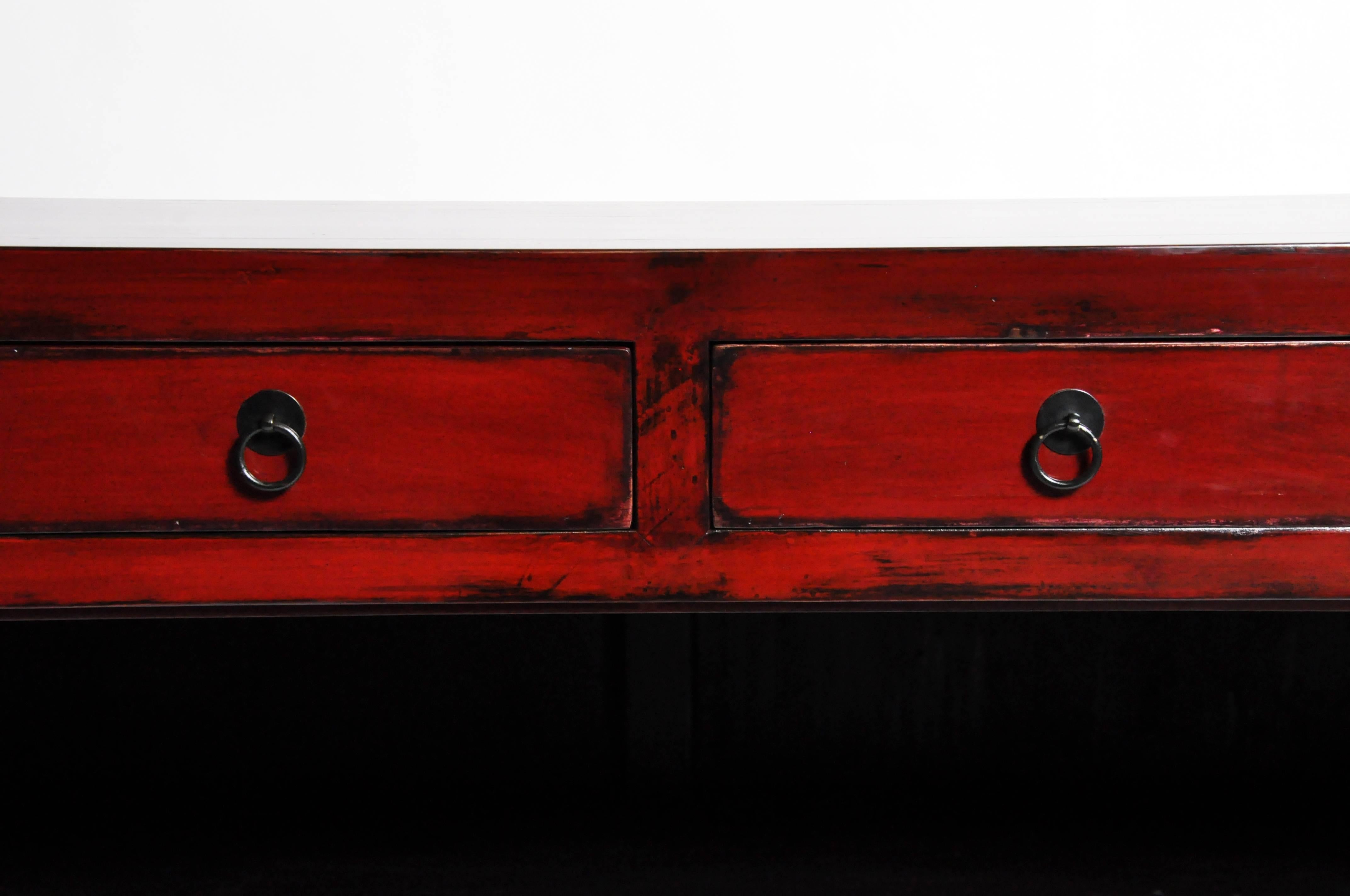Red Lacquered Chinese Sideboard with Four Drawers and Bi-Folding Doors 10