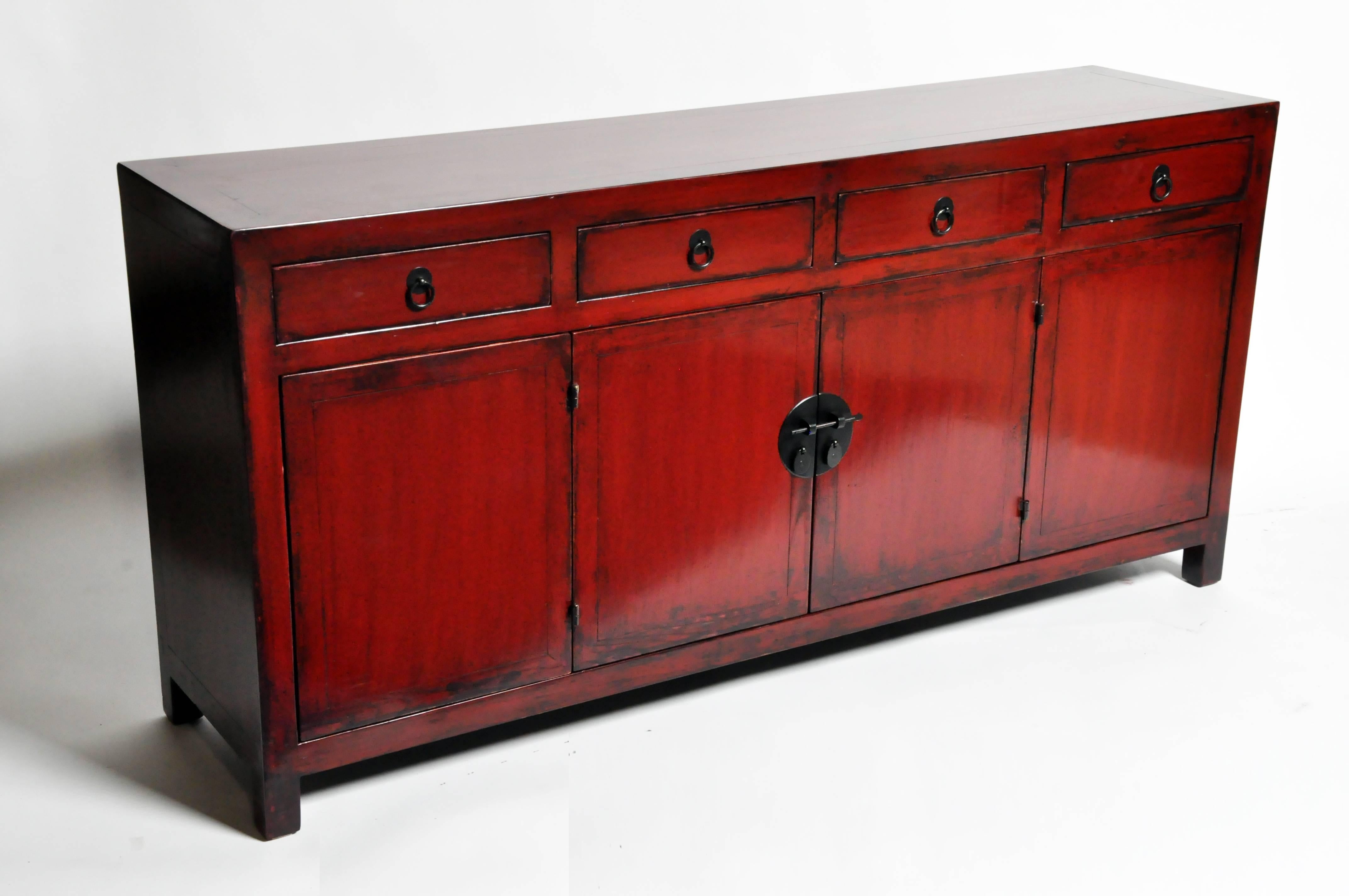 Red Lacquered Chinese Sideboard with Four Drawers and Bi-Folding Doors In Good Condition In Chicago, IL