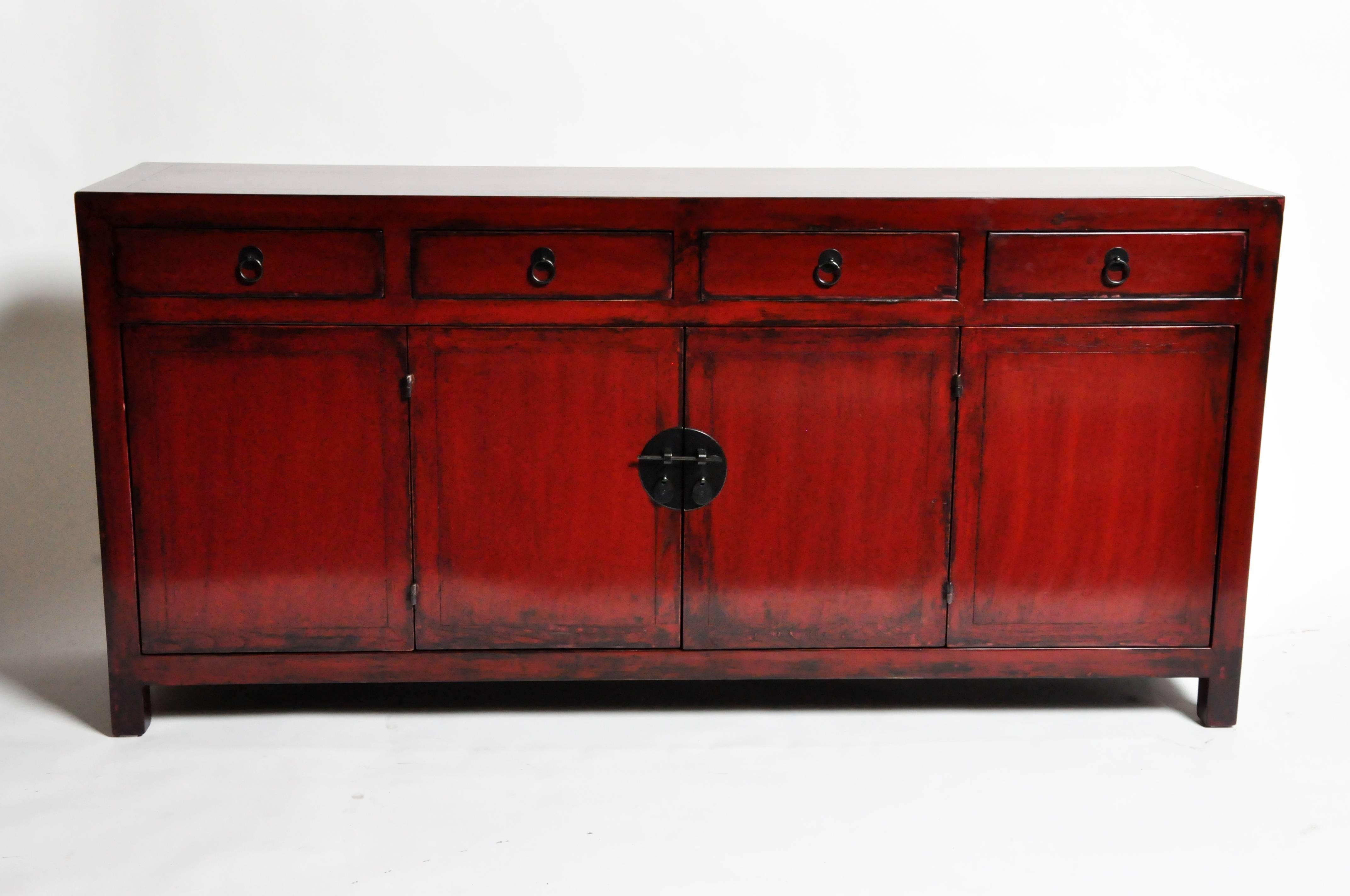Contemporary Red Lacquered Chinese Sideboard with Four Drawers and Bi-Folding Doors