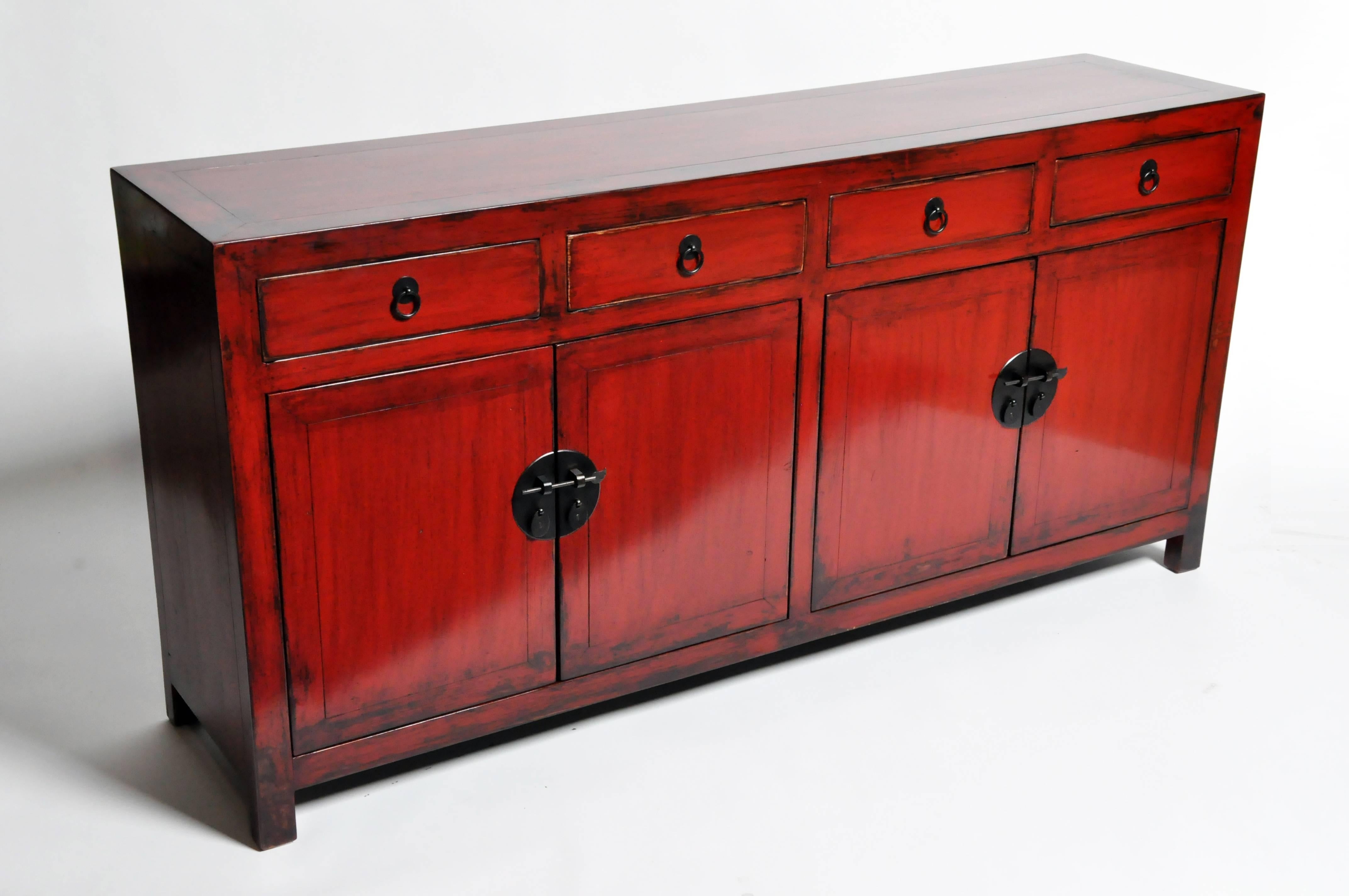 Red Lacquered Chinese Sideboard with Four Drawers 2