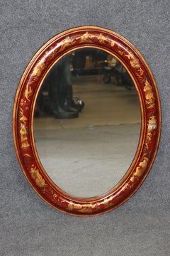 Red Lacquered Chinoiserie Oval Hand Painted Wall Mirror