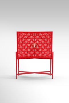 Red Lacquered Cocktail Cabinet with Carved Lotus Motif and Brass Lotus Handle