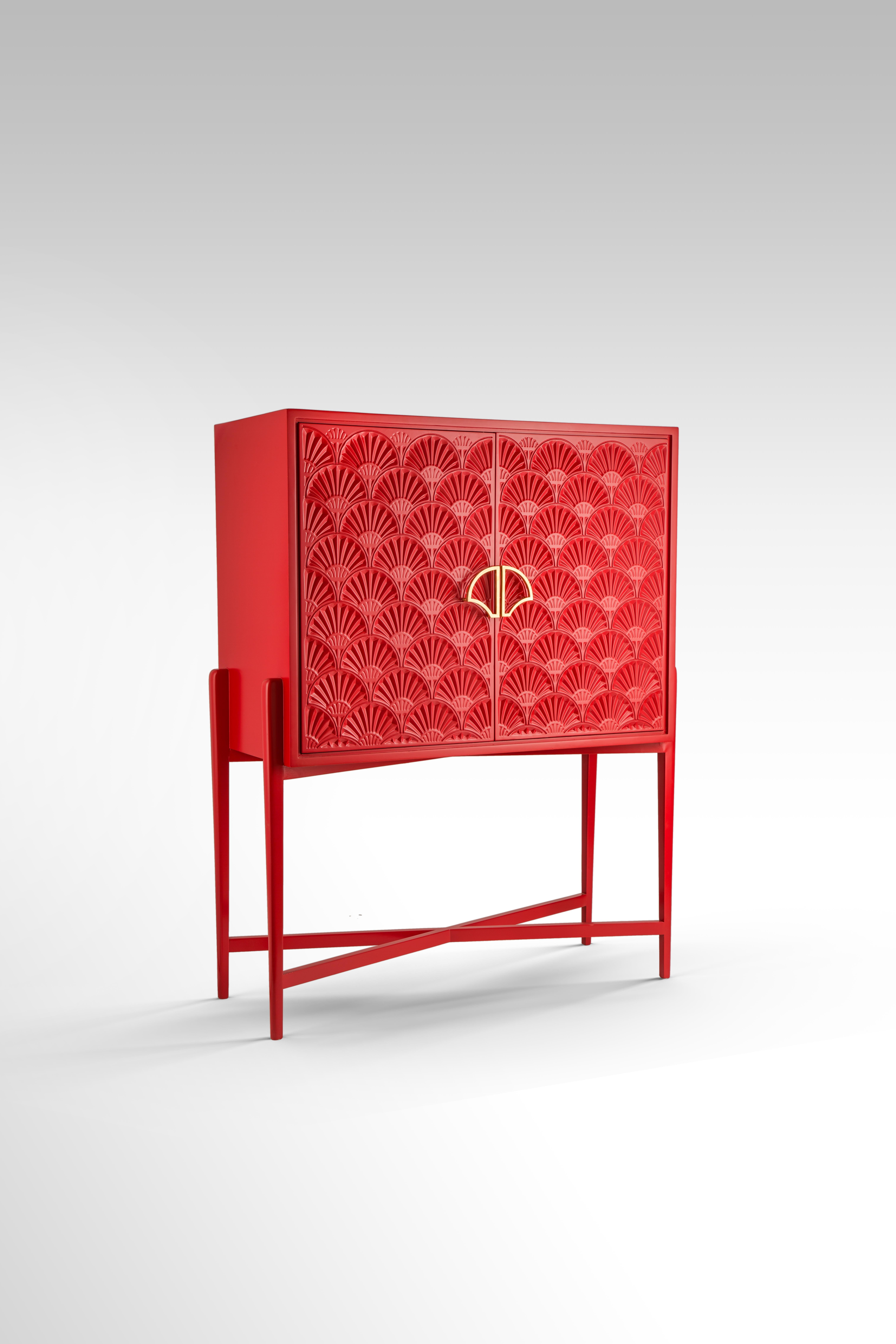 Modern Red Lacquered Cocktail Cabinet with Carved Lotus Motif and Brass Lotus Handle For Sale