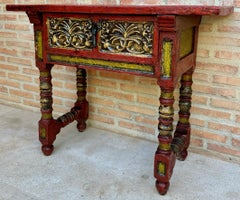 Red Lacquered Console Table with Gilt Accents and Carved Apron, 1940s
