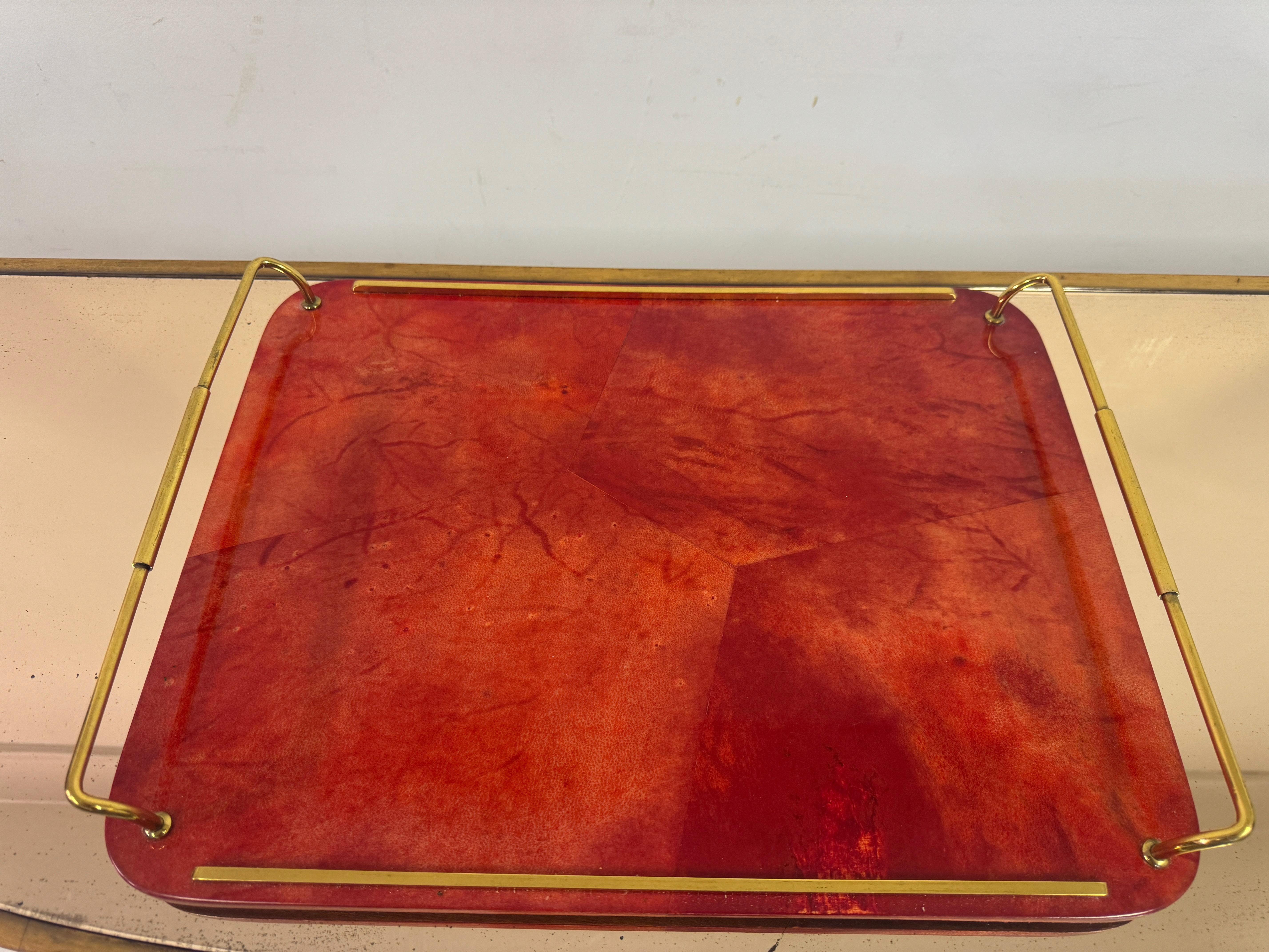 Red Lacquered Goatskin Tray by Aldo Tura In Good Condition In London, London