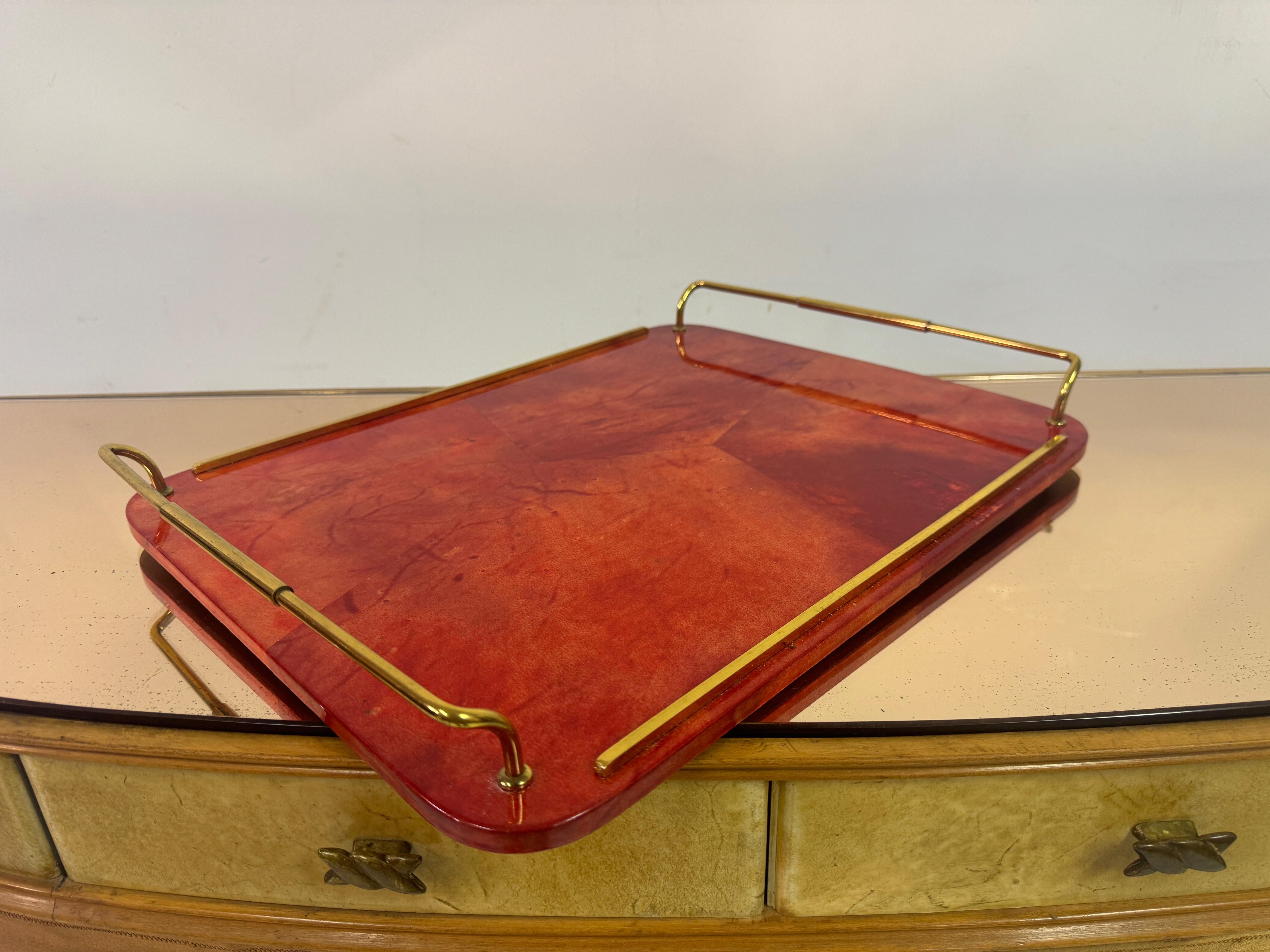 Brass Red Lacquered Goatskin Tray by Aldo Tura