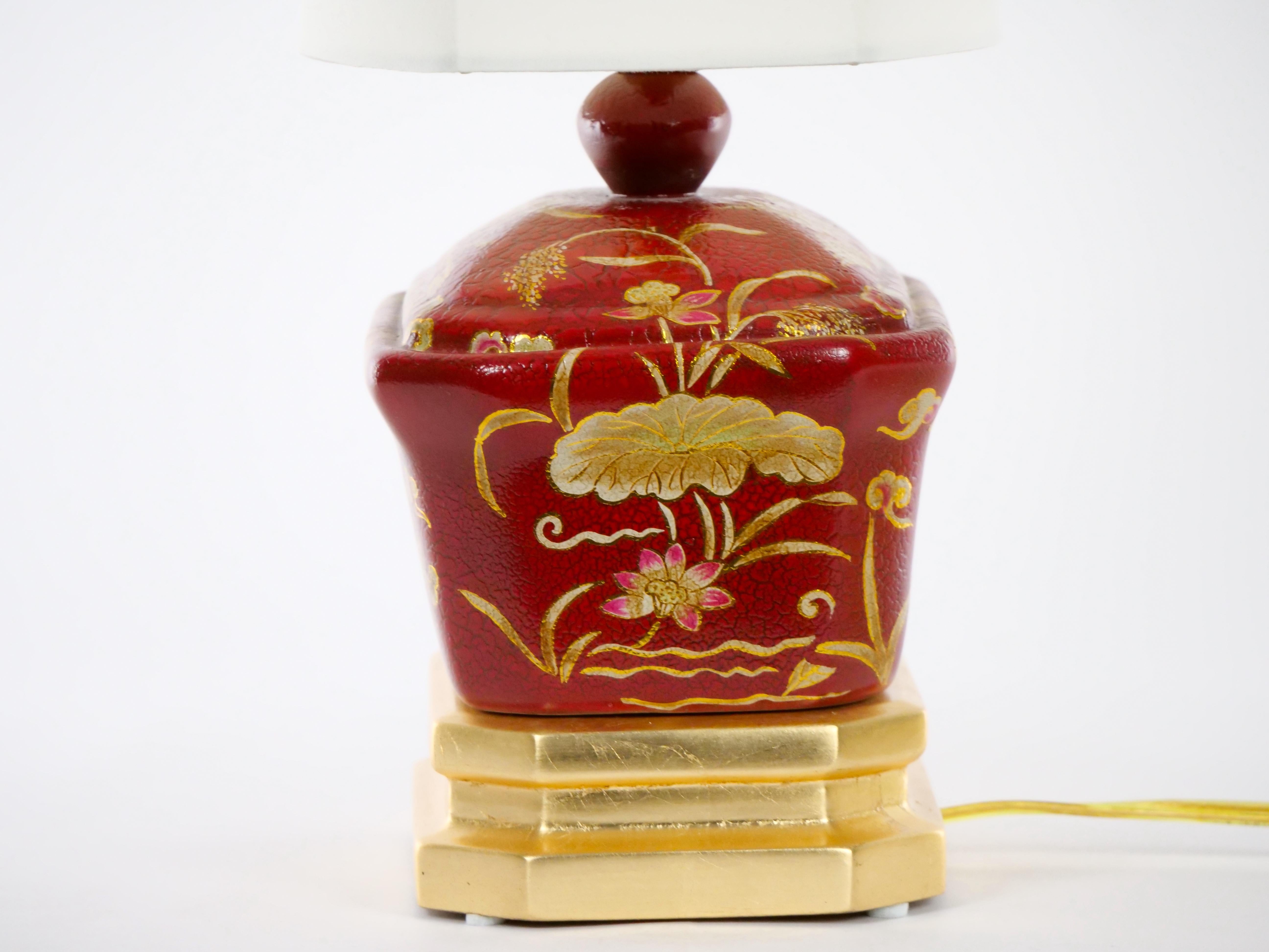 Red Lacquered Hand Decorated Chinoiserie Pair Lamp 4