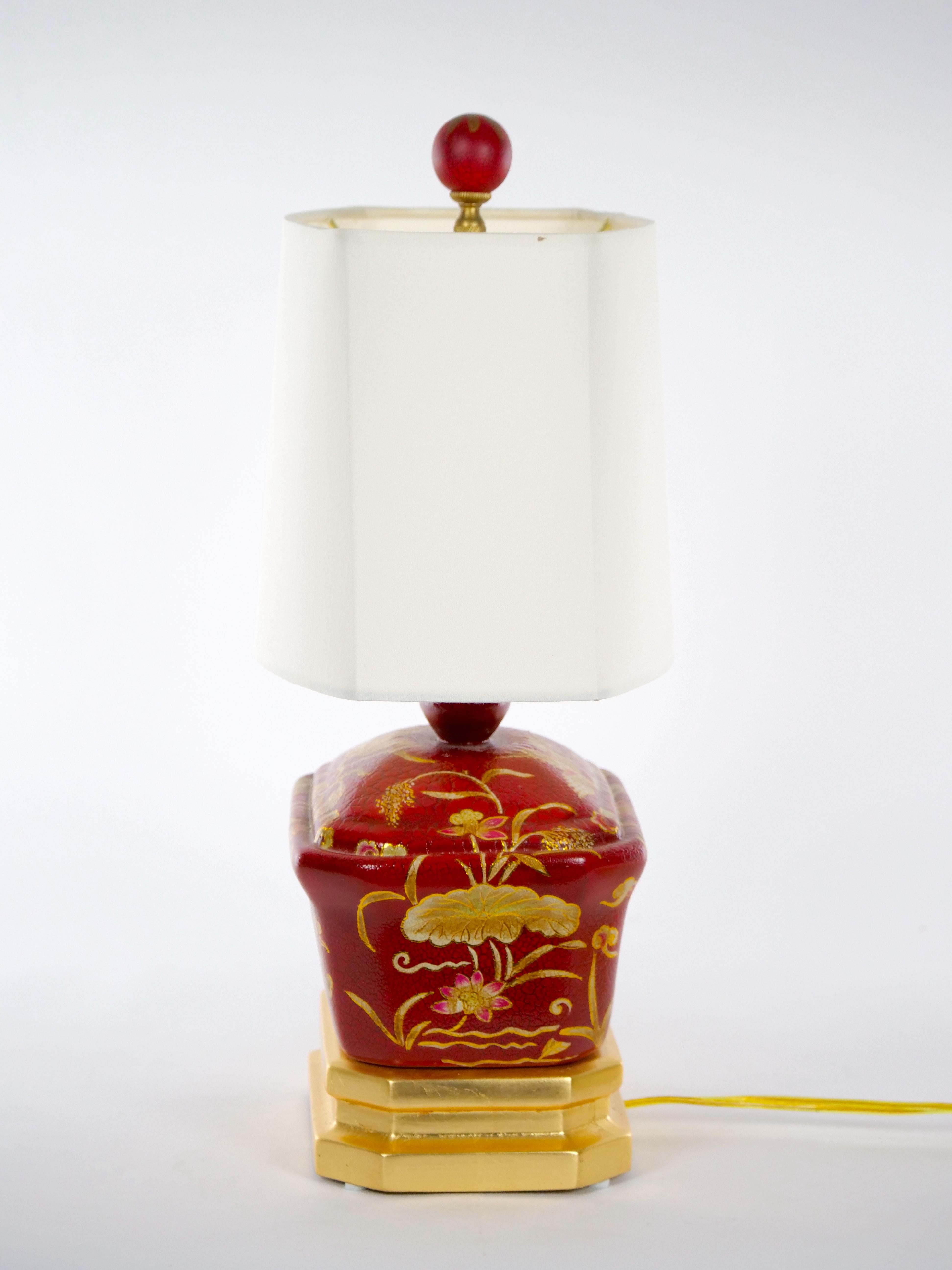 Hand-Painted Red Lacquered Hand Decorated Chinoiserie Pair Lamp