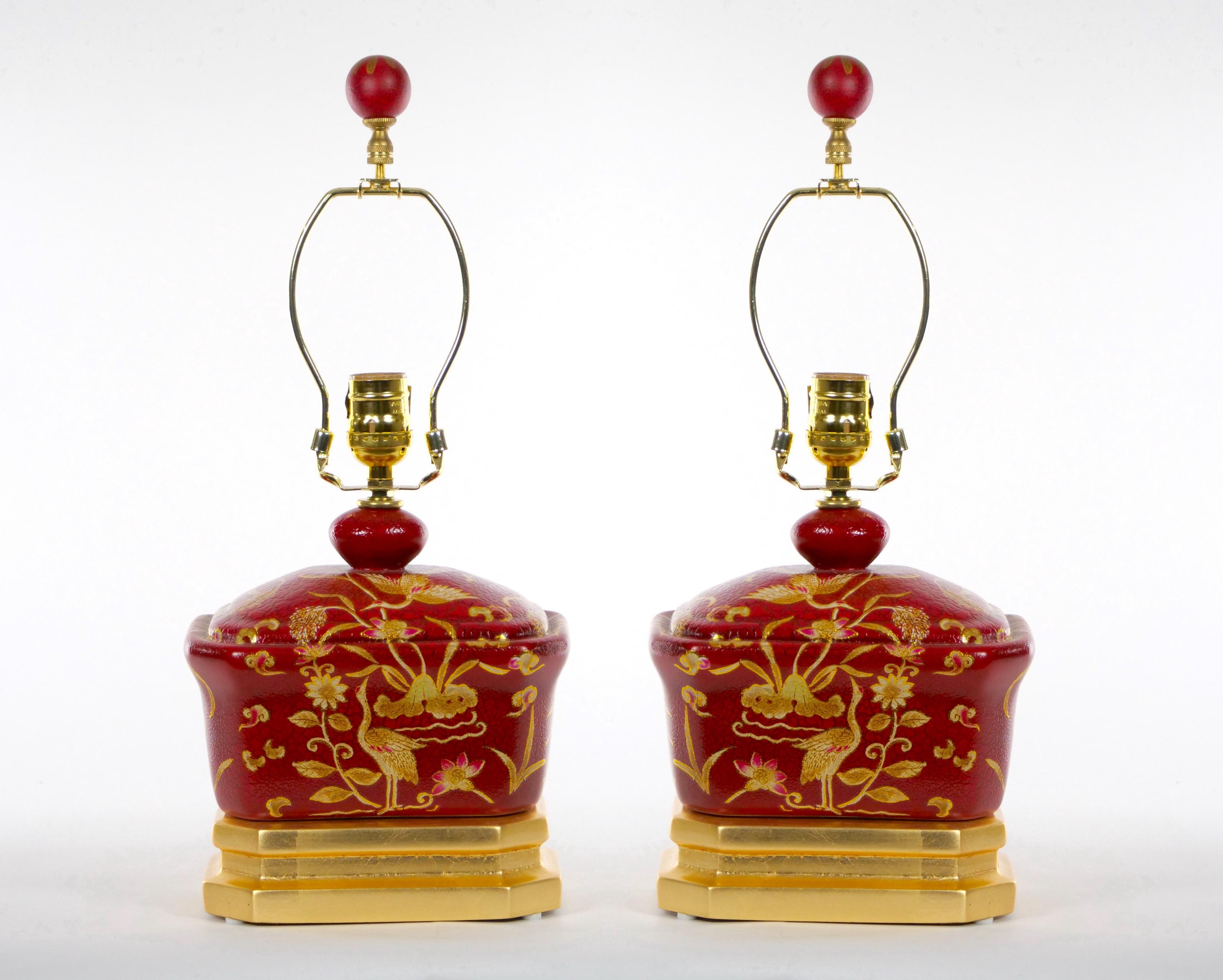 Red Lacquered Hand Decorated Chinoiserie Pair Lamp In Good Condition In Tarry Town, NY