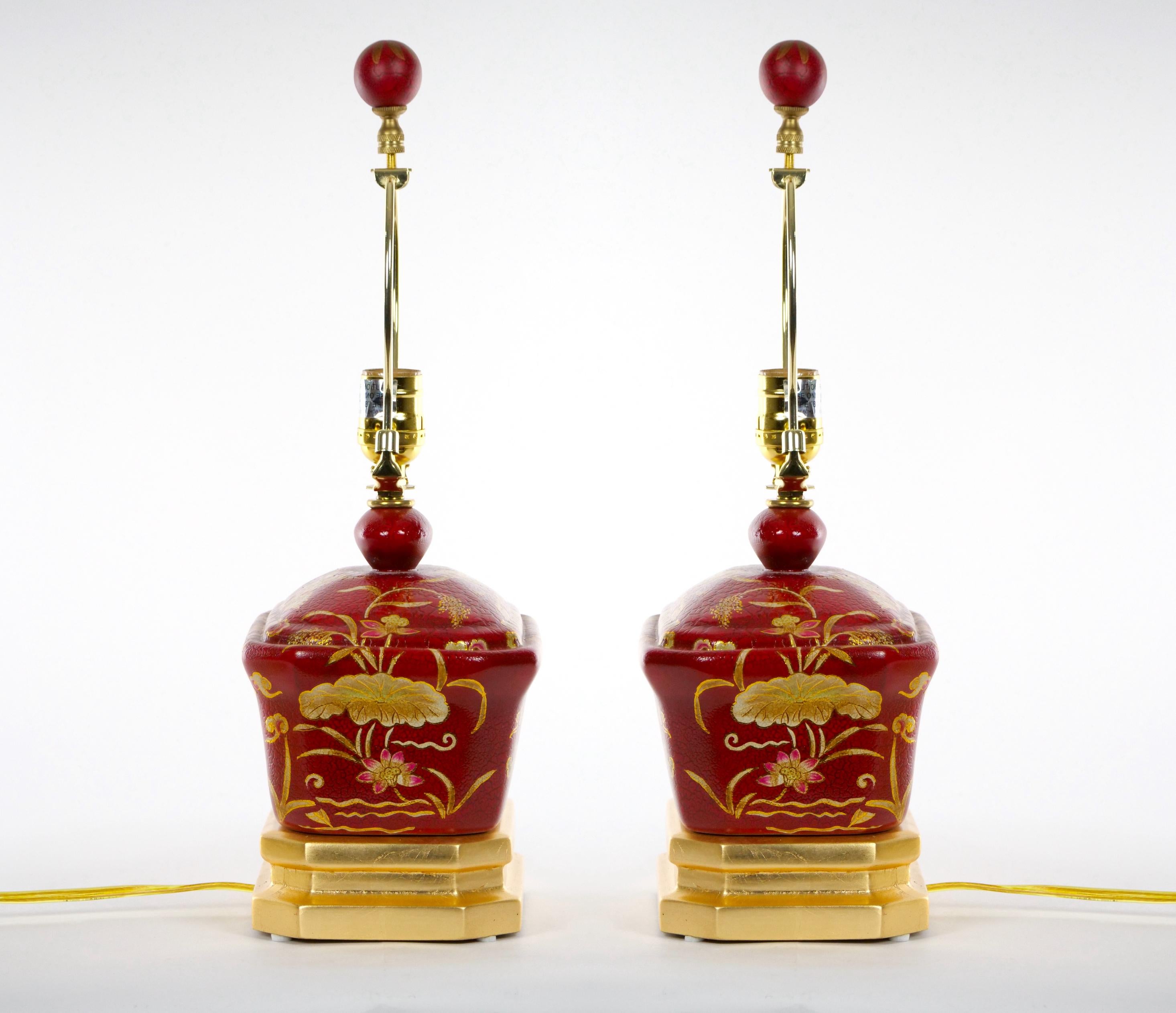 20th Century Red Lacquered Hand Decorated Chinoiserie Pair Lamp