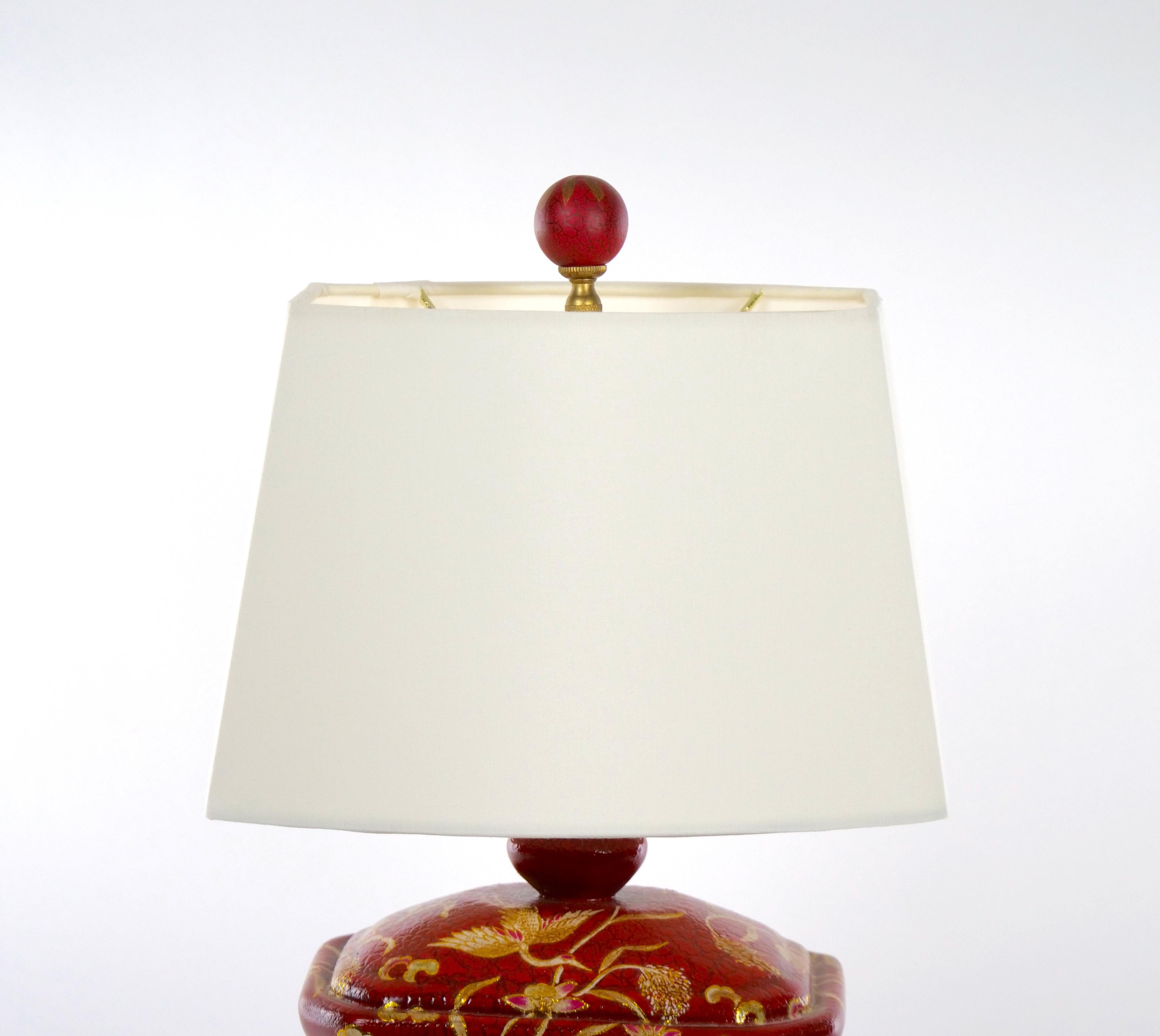 Parchment Paper Red Lacquered Hand Decorated Chinoiserie Pair Lamp