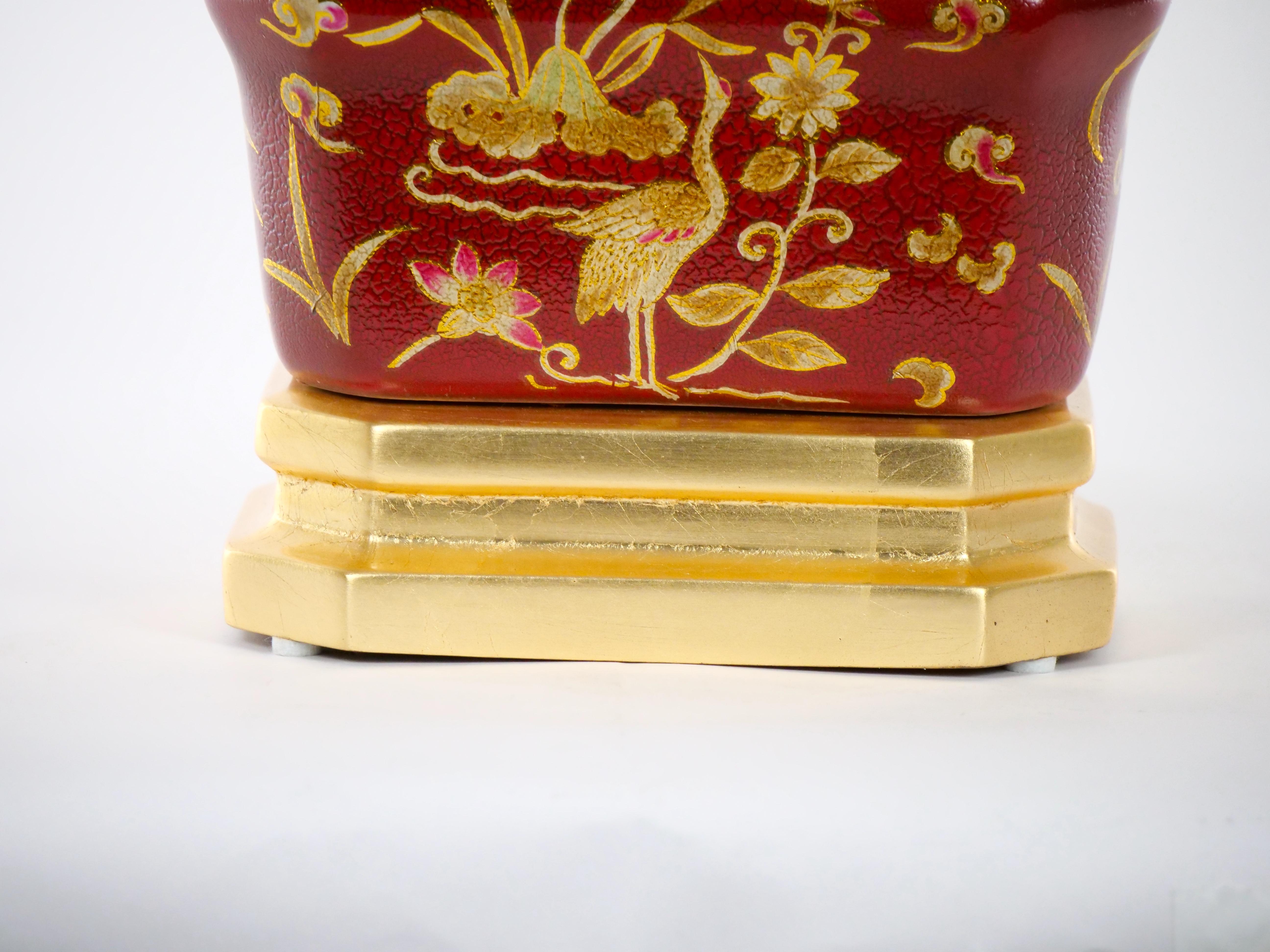 Red Lacquered Hand Decorated Chinoiserie Pair Lamp 1