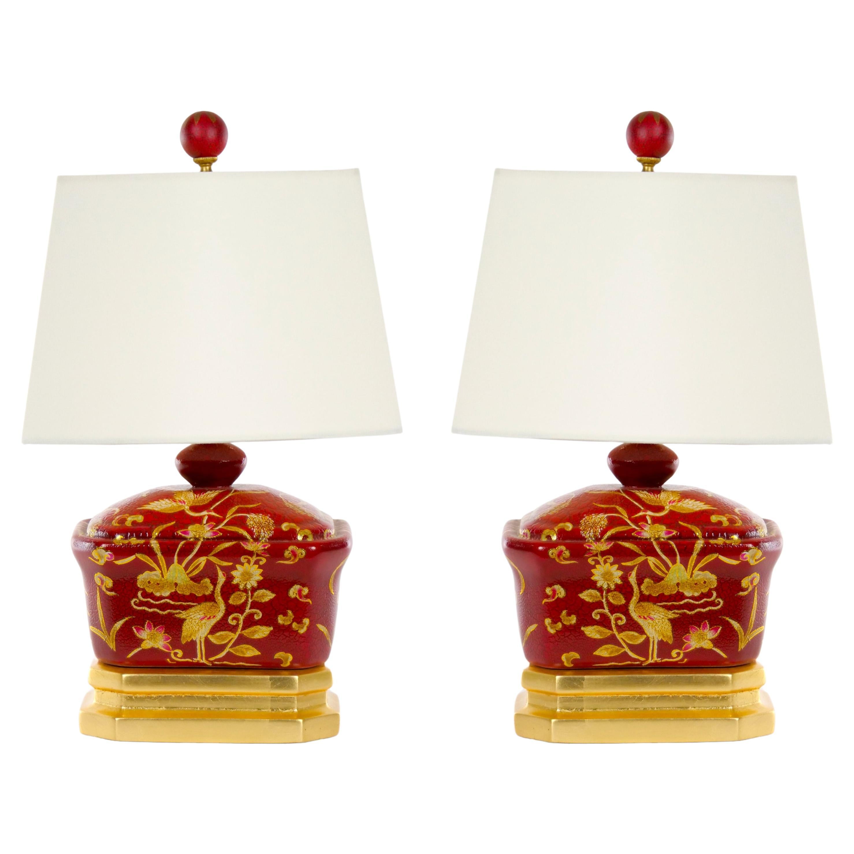 Red Lacquered Hand Decorated Chinoiserie Pair Lamp